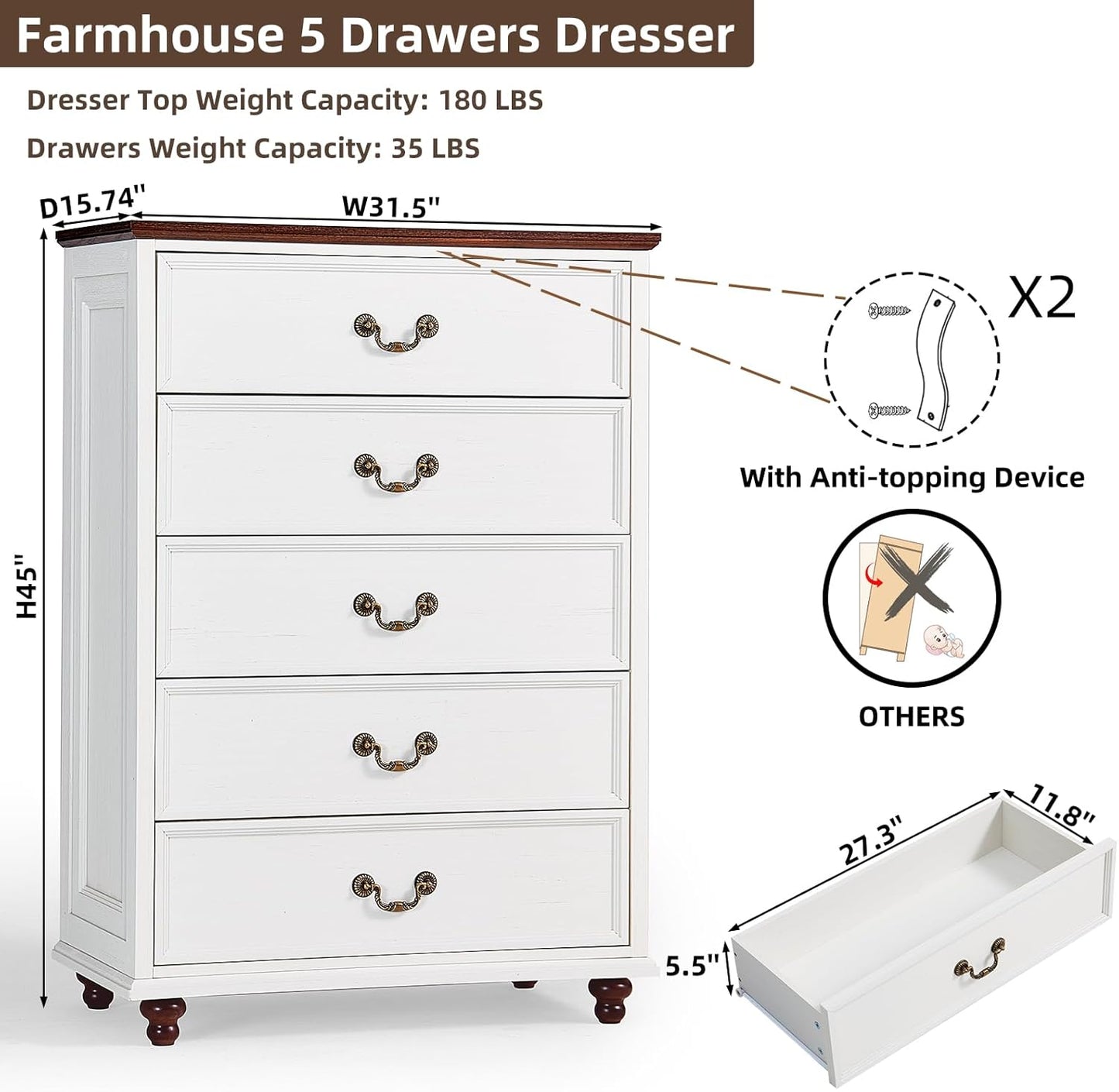 Farmhouse 5 Drawer Dresser for Bedroom, 45" Tall Rustic Chests of Drawers w/ 4 Solid Wood Feet, Mid Century Modern Wooden Closet Storage Dressers Organizer for Living Room, Hallway, White