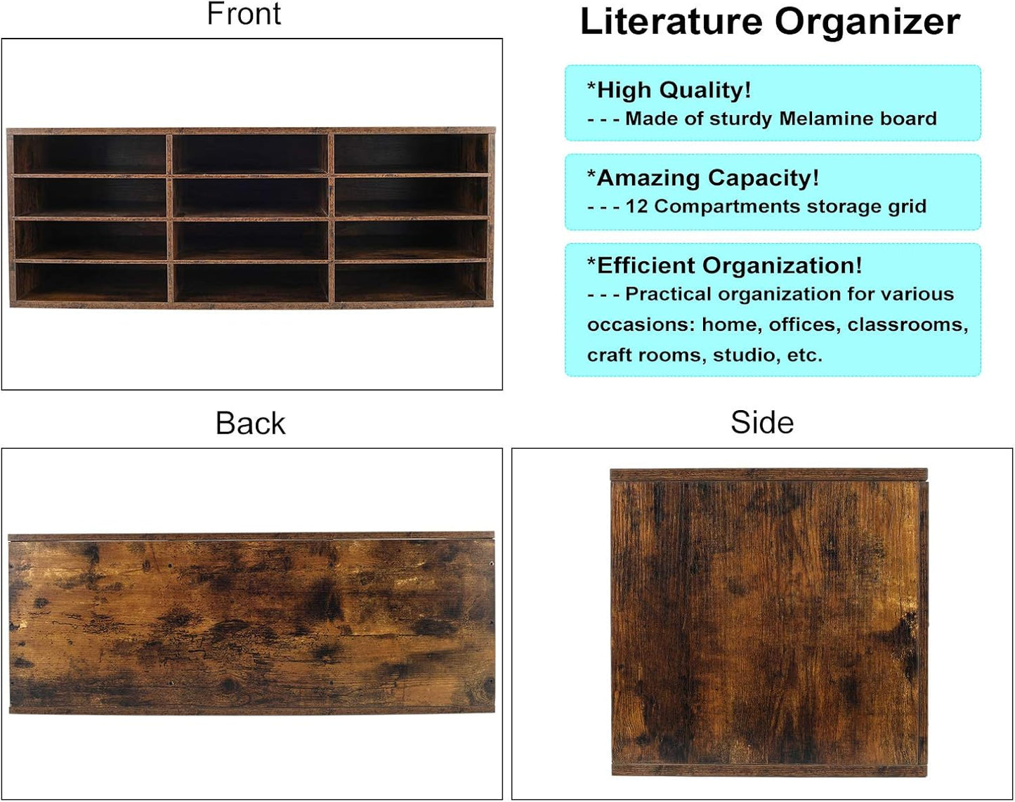 PAG Mail Sorter Organizer, Wood Countertop Literature Organizer, Student Mailbox for Classroom, Desktop Bill Paper Organizer for Office Home School, 12 Compartments, Antique Brown