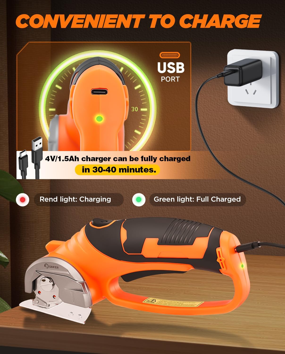 Saker Electric Box Cardboard Cutter,Cordless Elwetric Scissors for Fabric Leather Paper Plastic - Card Board Cutter Tool with 4V Recharged Battery - Safety Lock and LED Light for Cutting,Orange