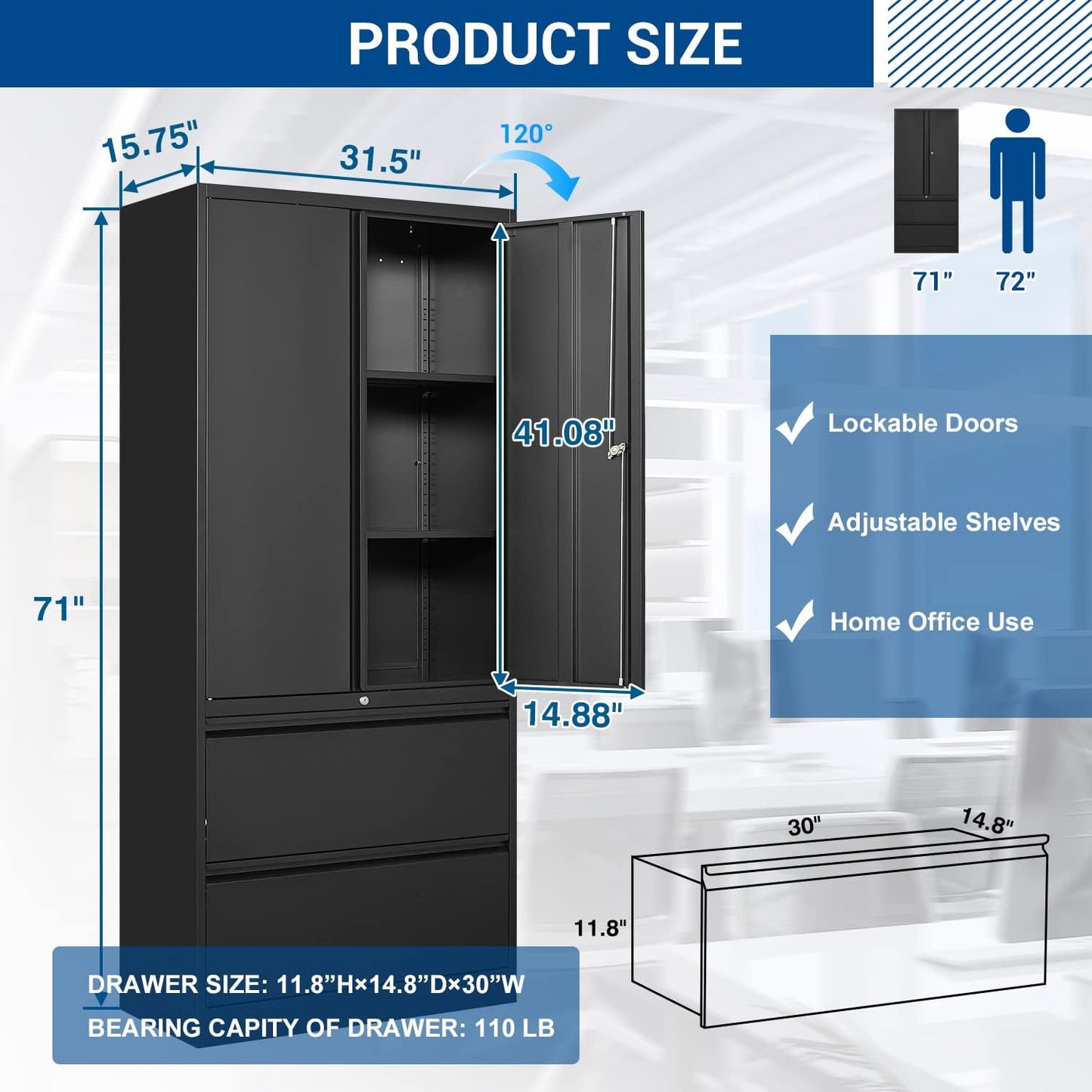 Metal Cabinets with Lockable Drawers and Doors Lateral File Cabinets Steel Filing Lockers Book Case for Home Office Hanging Files Letter/Legal/F4/A4 Size