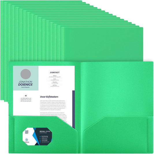 Gueevin 24 Pcs Plastic Folders with Pockets, Back to School Two Pocket Folder Fit Letter Size, Heavy Duty School Business Card Holder for Home Office, 11. 61 x 9. 45 Inches (Green)