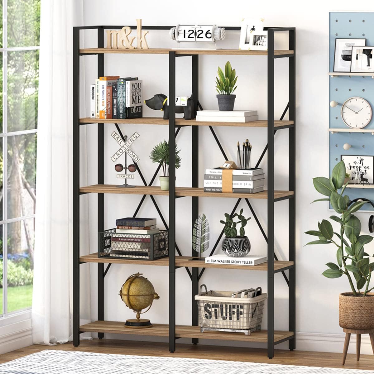 BON AUGURE Industrial Bookshelves and Bookcases, 5 Tier Heavy Duty Etagere Shelving Unit, Farmhouse Rustic Wood Metal Book Shelves for Office, Living Room and Bedroom (Vintage Oak)