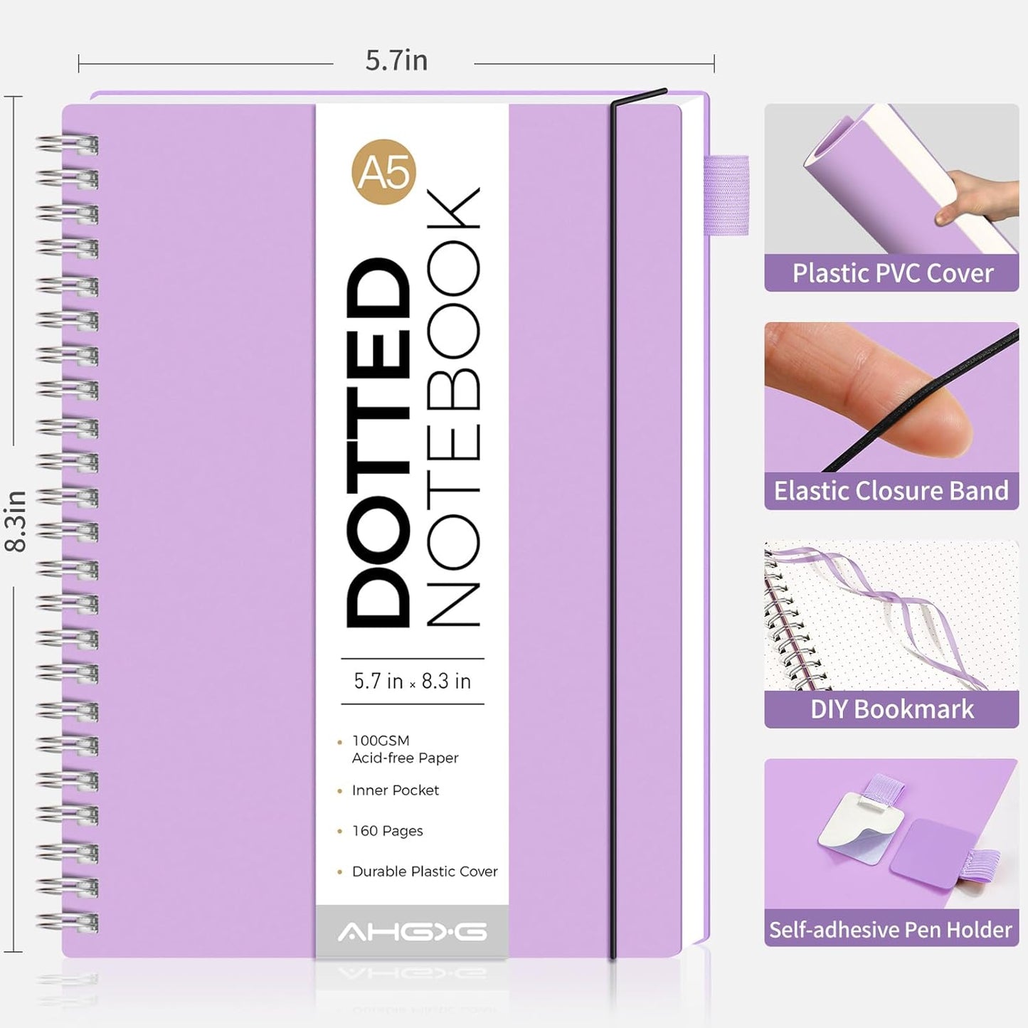 AHGXG Bullet Dotted Journal - Dot Grid Spiral Notebook A5, 160 Pages, 100 GSM Thick Paper, Waterproof Plastic Cover Journals for Bullet Journaling, Sketching, 5.7" x 8.3", Purple