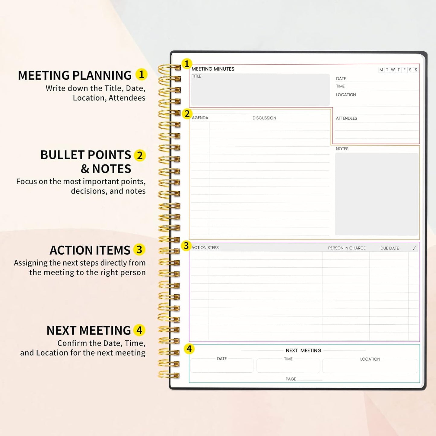 SUNEE Meeting Notebook for Work with Sticky Tabs - 160 Pages, B5 Size Project Planner, Spiral Meeting Agenda/Minutes Notebook Organizer for Women Men, Note Taking, Office & Business, 7"x10", Black