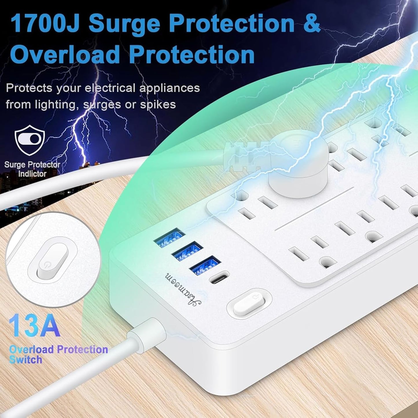 25 FT Power Strip with Surge Protection 1625W/13A, 14 Outlets and 4 USB Ports (1 USB-C), 16AWG, 1700J Flat Plug, White, ETL Listed