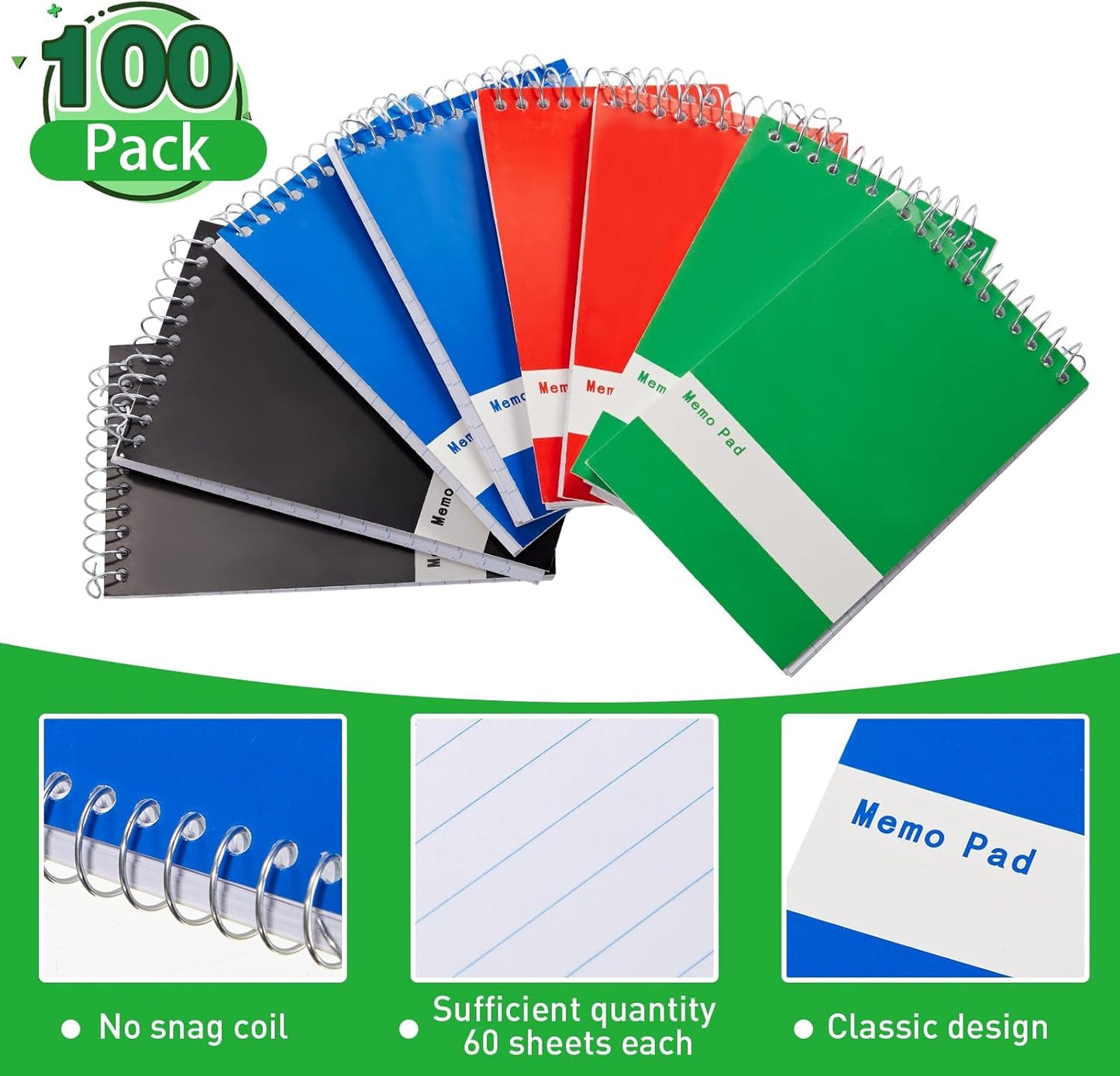 Thenshop 100 Pads Spiral Memo Bulk 3'' x 5'' Top Bound Memo Book 60 Sheets Small Mini Notebooks Lined Wire Bound Pocket Steno Book for Home, Office, School (Black,Green,Dark Blue,Red)