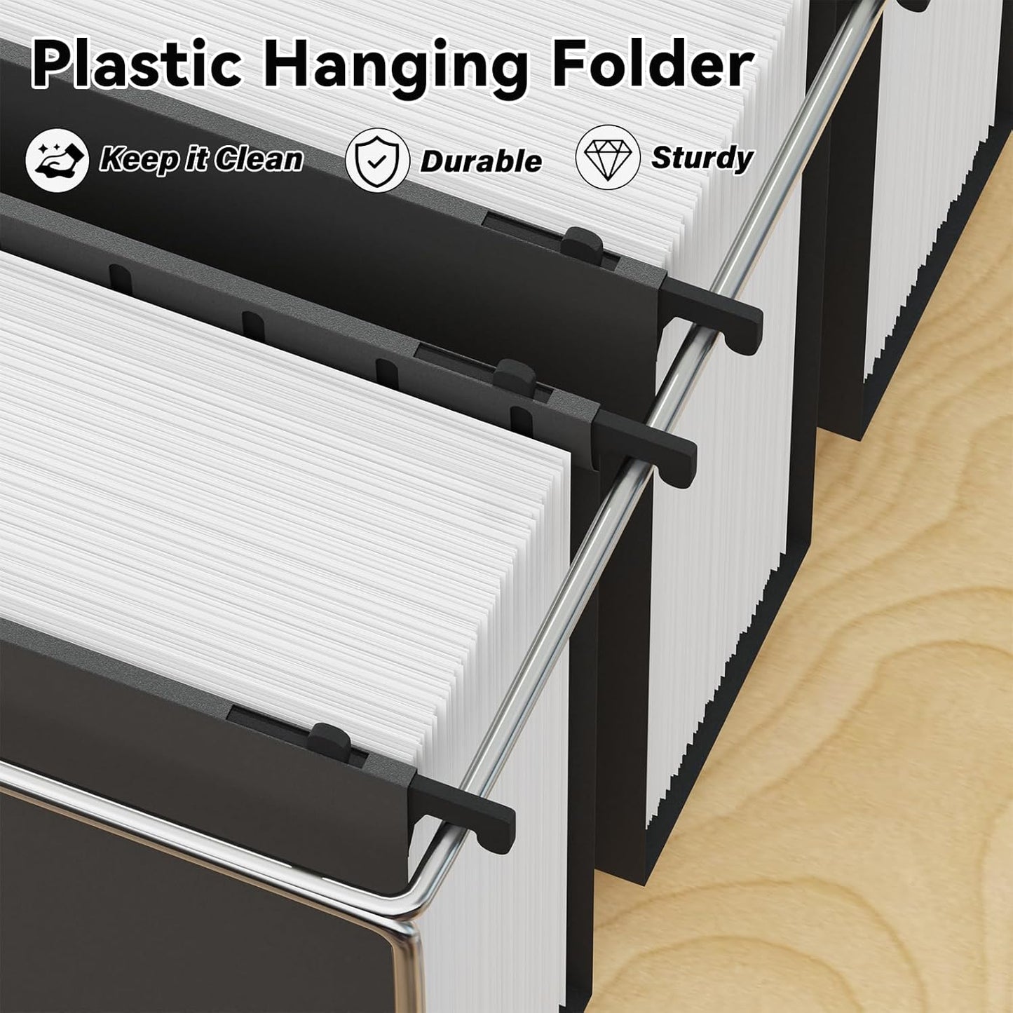 ANSOOK Plastic Hanging File Folders Letter Size, 3 Inch Reinforce Expanding File Folder,12 Pack Black Folders,File Cabinet Folders with Insertable Tabs,Accordion File Organizer for Office Home School