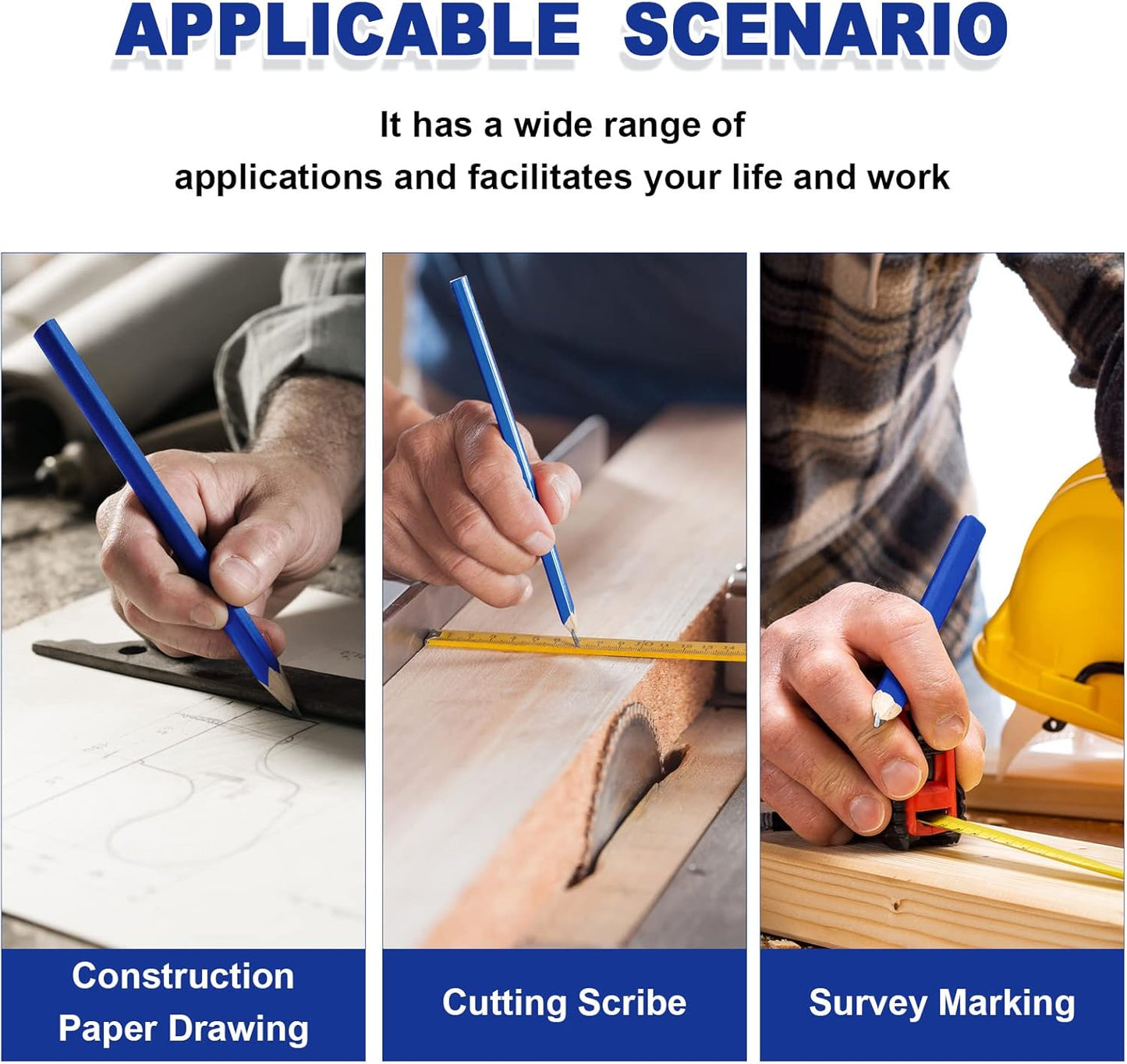 Honoson 200 Pcs Flat Construction Pencils with Printed Ruler Wood Graphite 2 Pcs Carpenter Pencil Sharpener for Woodworking Marking Tool(Blue)