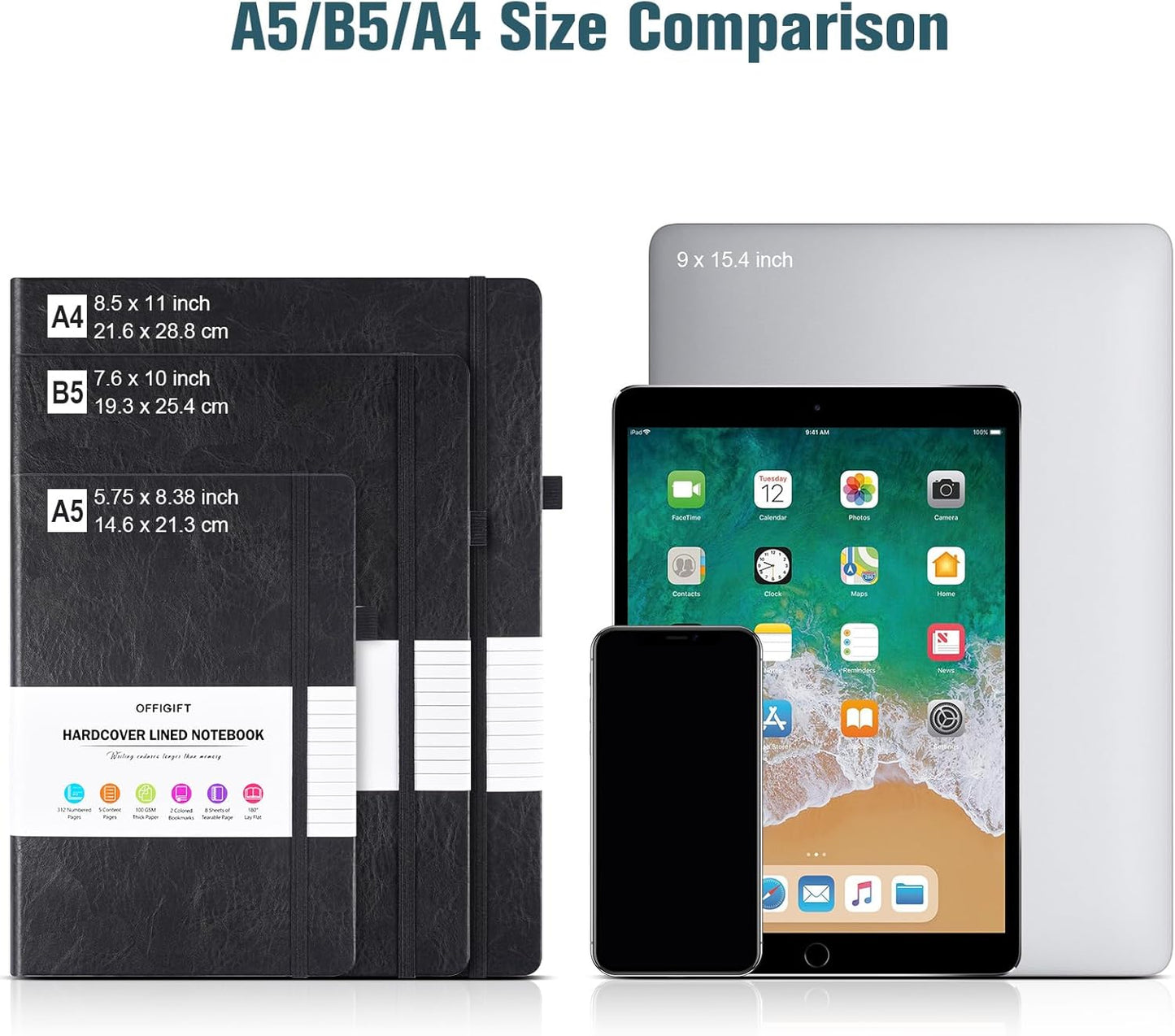 College Ruled Notebook, Large B5 Lined Journal Notebook, 314 Numbered Pages Work Notebook with Index Stickers, 100gsm Paper, Hardcover Vegan Leather Journal for Women Men School Office, Grey Blue