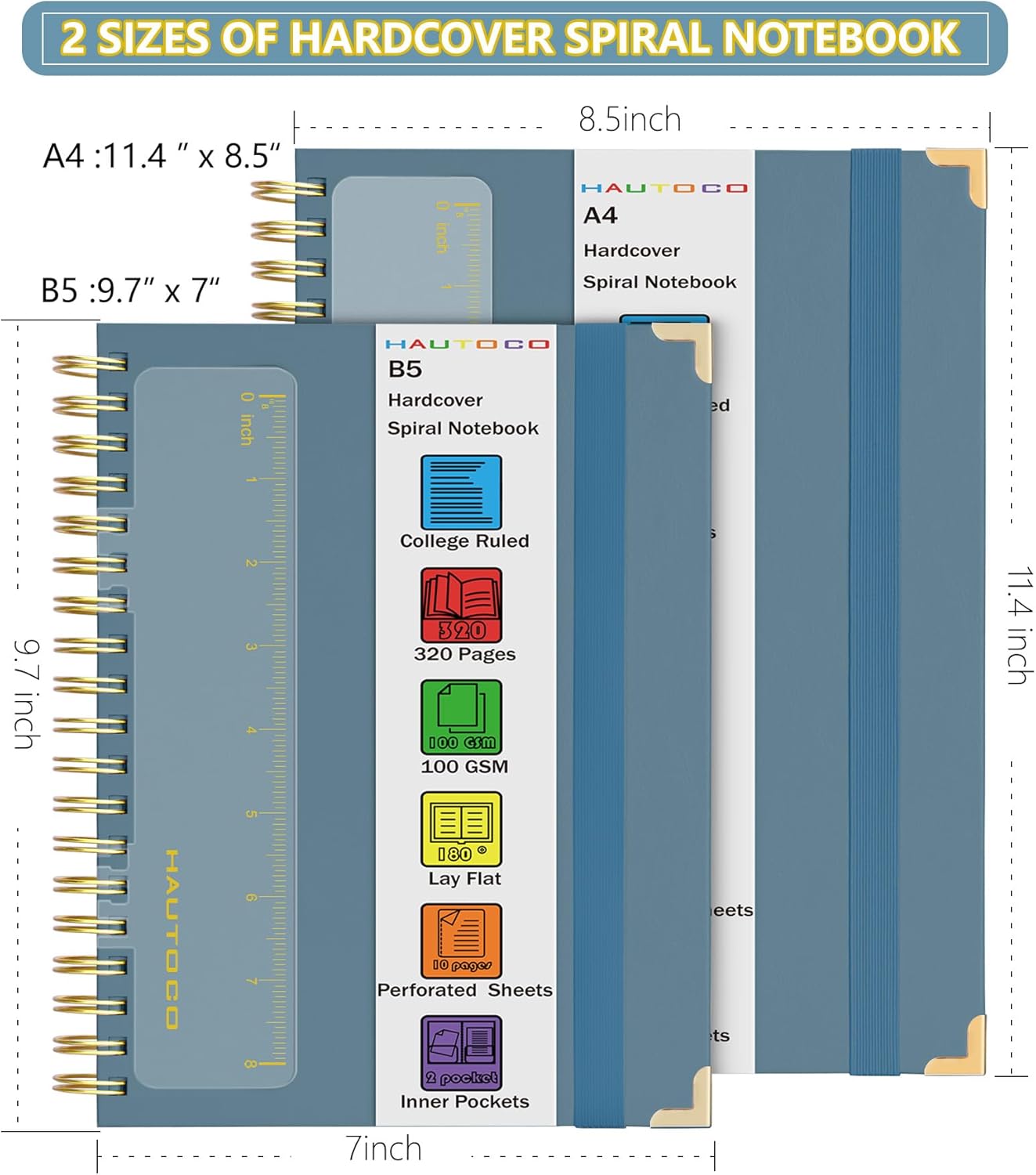 HAUTOCO Spiral Notebook Journal 8.5"x 11", College Ruled Leather Notebook with 320 Pages, 100 GSM Paper, A4 Hardcover Notebook, Lined Journaling Notebooks for Work, Office, School, Business, Airy Blue