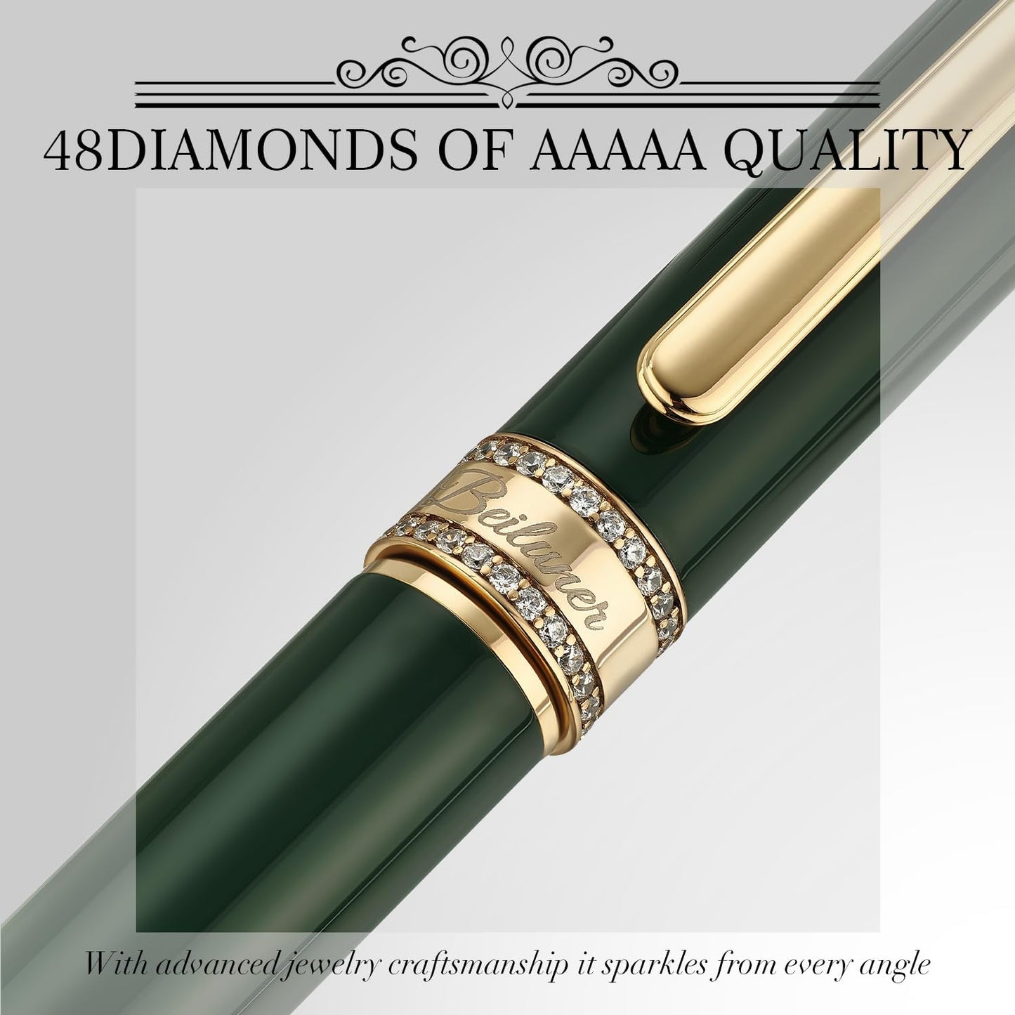 BEILUNER Green Lacquer Rollerball Pen, Diamond-Studded Cap Design, 24K Gold Trim, Noble and Elegant, Schneider Ink Refill, Best Pen Gift Set for Women & Men, Professional, Business Office, Nice Pens