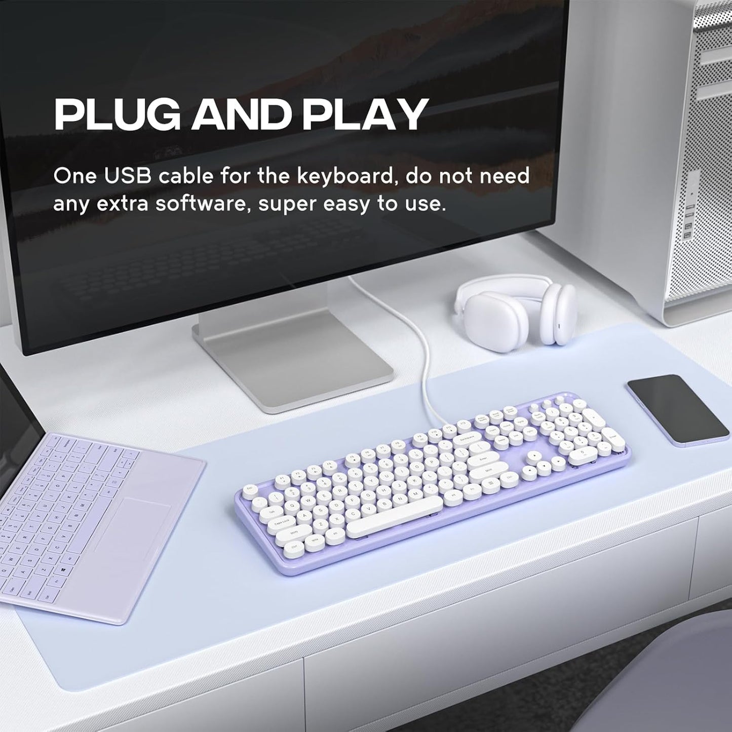 Computer Keyboard Wired, Plug Play USB Keyboard with Large Number Pad, Caps Indicators, Foldable Stands, Full Size Keyboard for Windows PC Laptop (Purple-White)