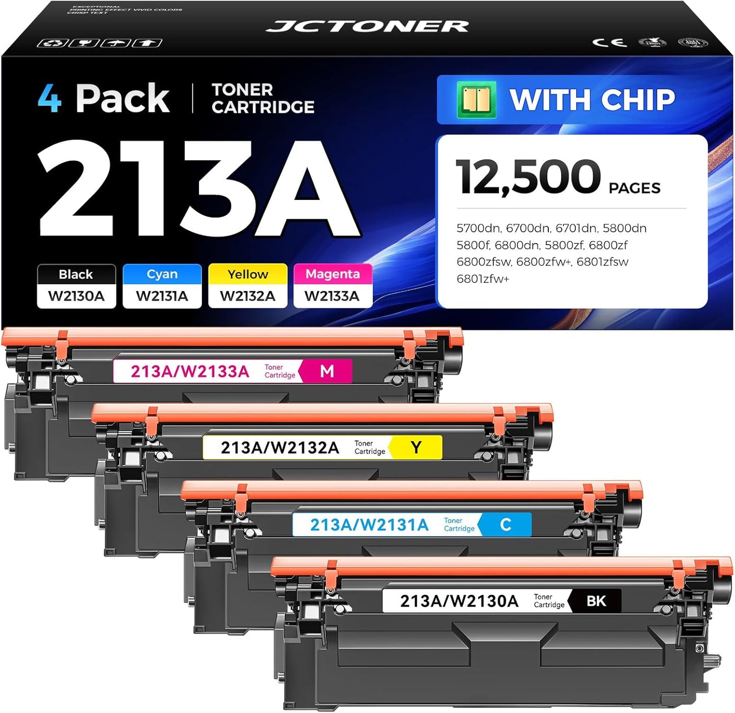213A Toner Cartridge 4 Pack with Chip Compatible for HP 213A 213X W2130X W2130A Replacement for HP Color Laserjet Enterprise 5700dn MFP 5800dn 6700 6701dn MFP 6800 6801dn Printer Ink Copier Scanner