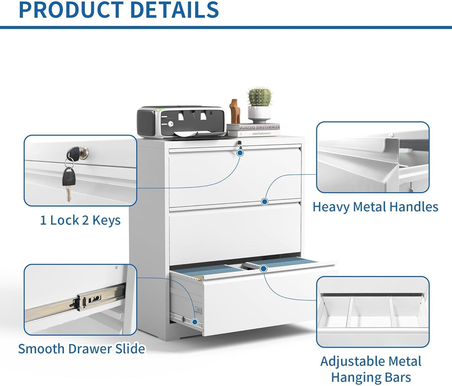 Lateral File Cabinet 3 Drawer, Metal File Cabinets for Home Office Legal/Letter A4 Size, File Cabinet with Lock, Require Assembly, White