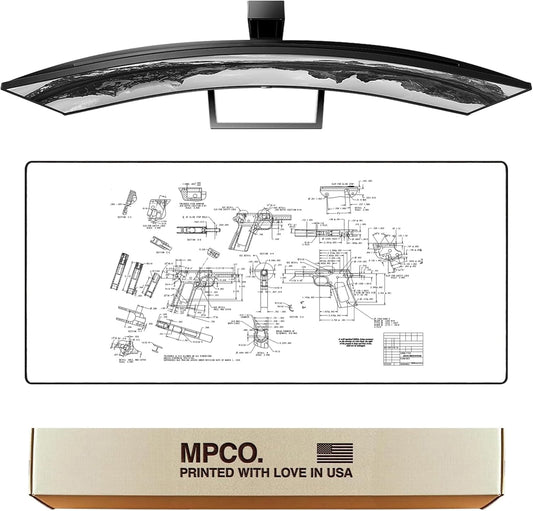 MPCO. Blueprints Large Gaming Desk Pad - 36" x 17" Duraglyde Fabric Browning 1911 – White Desk Mats - Non-Slip, Washable, Smooth Glide for Precision Gaming & Work