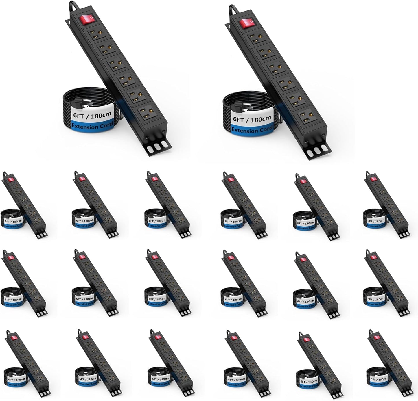 20PCS 6 Outlet Power Strip, Metal Mountable Power Strip Surge Protector, Heavy Duty Wall Mount Power Outlet for Commercial, Industrial, Workshop, Long Power Cord, 15A/125V 1875W