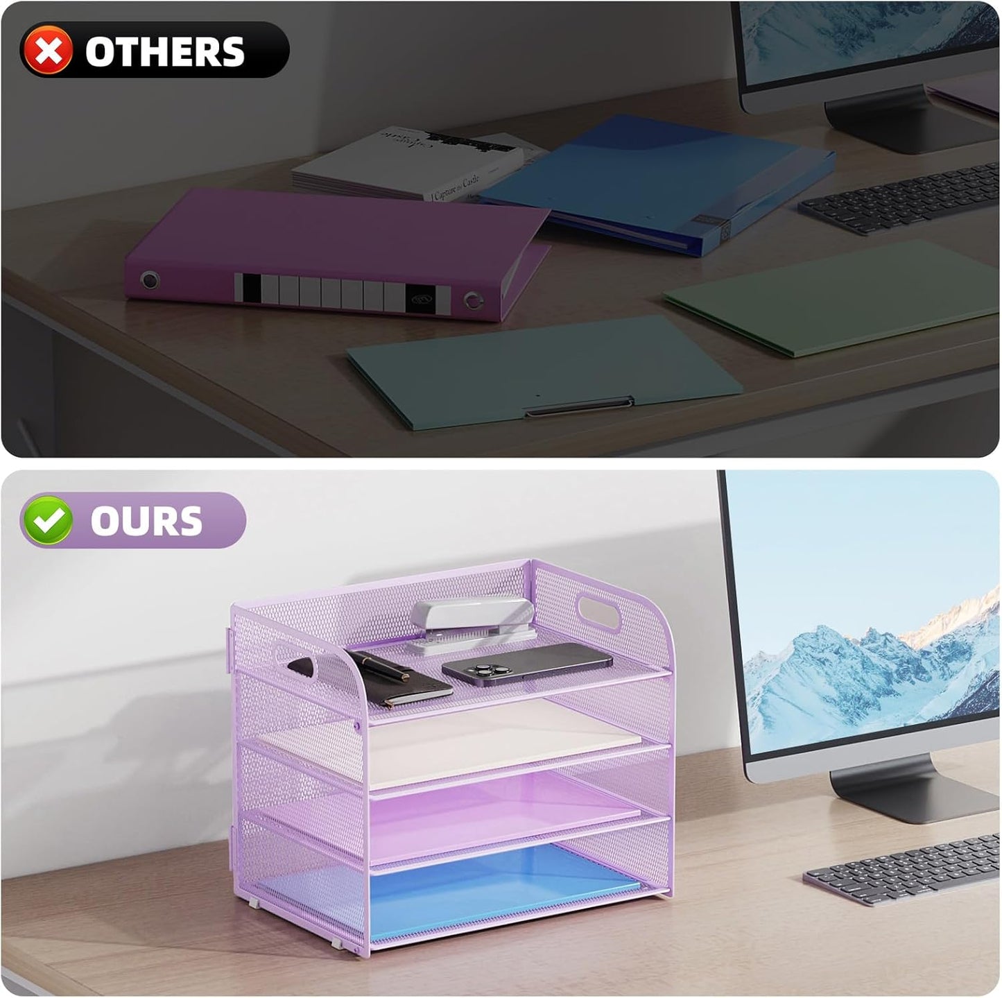Marbrasse 4 Tier Paper Organizer Letter Tray - Mesh Desk File Organizer with Handle, Paper Sorter Organizer for Letter/A4 Office File Folder Holder (Purple, 12.6" x 9.1" x 10.7")