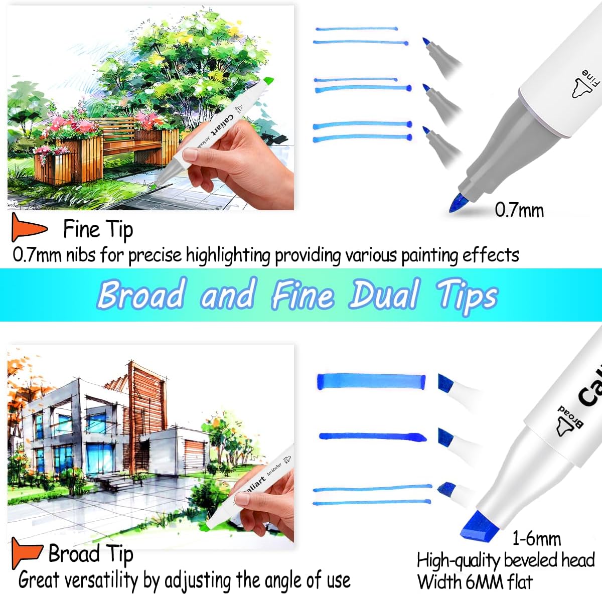 Caliart 52 Colors Fine & Chisel Alcohol Markers for Adult Coloring Book, Dual Tip Artist Sketch Art Markers, Aesthetic Cute Preppy Stuff School Supplies, Pens for Lettering Drawing Cards Planner