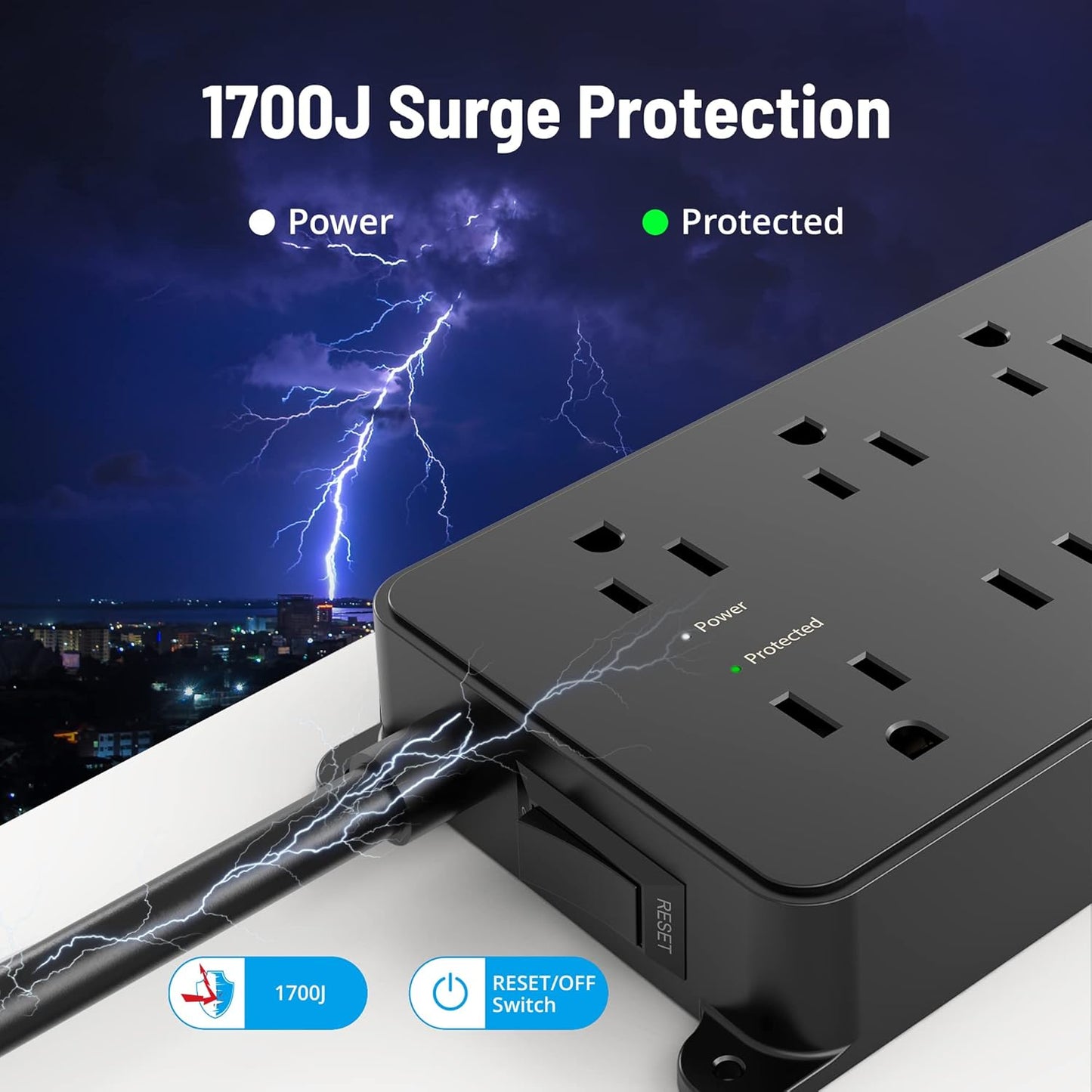 TROND Power Strip Surge Protector 10ft, ETL Listed, Flat Plug Extension Cord with 2 USB-A & 1 USB-C, Wall Mountable, 7 Widely-Spaced Outlets, 1700J, for Home Office Garage, Black