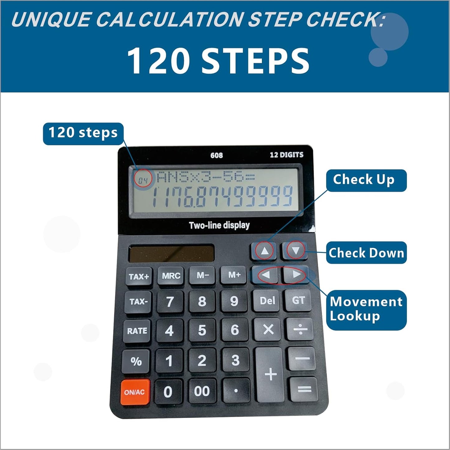 Battery and Solar Unique 120-Step Calculation Check Memory 12 Digit 2 Line Extra Large Calculator Big Buttons and 5.5" LCD Display, Configurable Tax Rate Financial Calculator for Tax Calculations