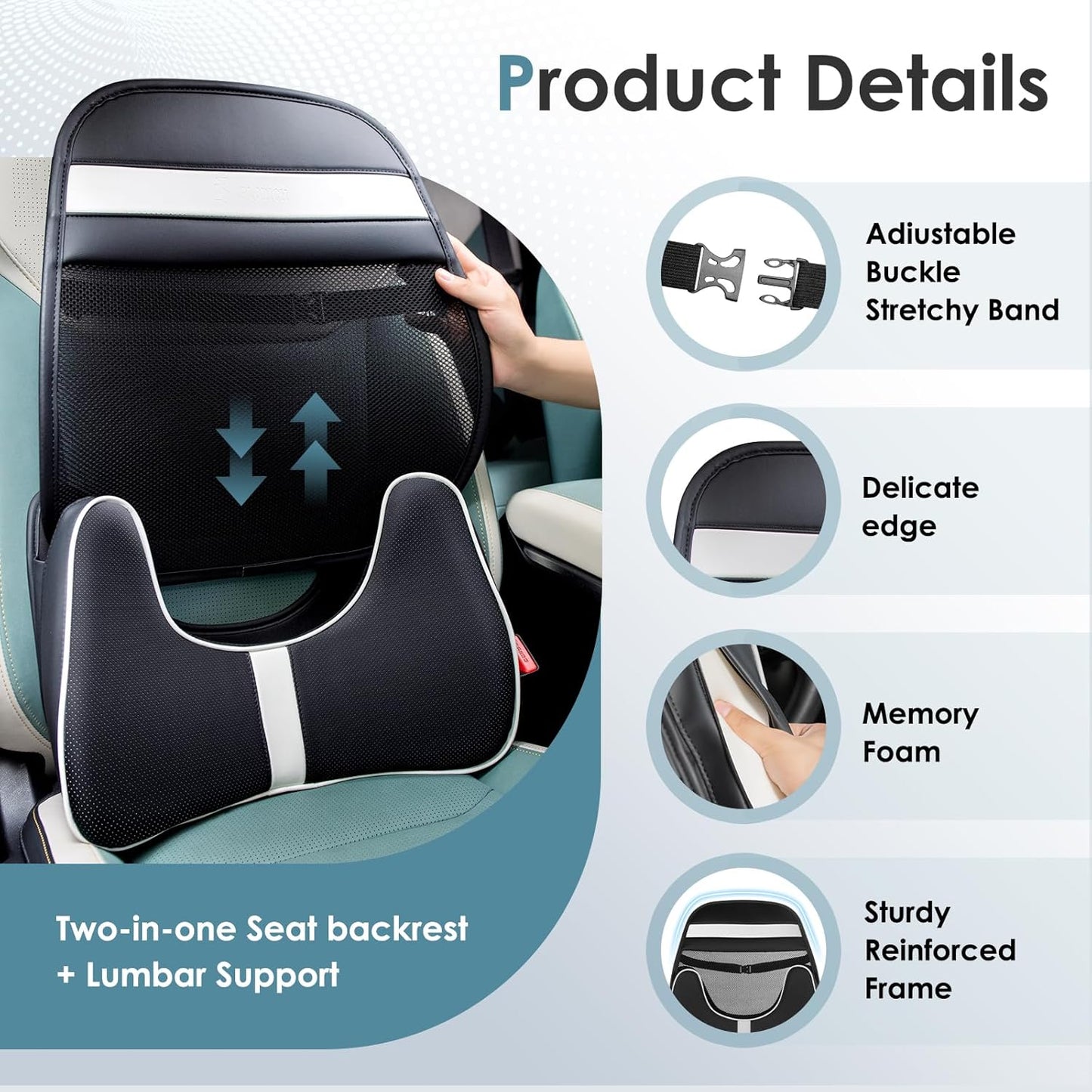 FLORICH Double Layer Breathable Mesh Lumbar Support Ergonomic Leather Lumbar Support Pillow with 3D Mesh Back Support and Adjustable Strap for CarSeat & Office Chair