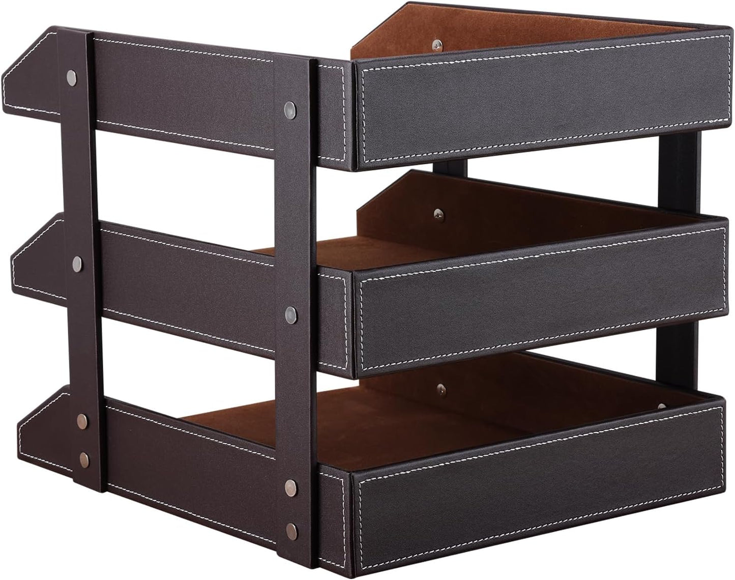 KINGFOM Letter Tray, Leather Paper Organizer Tray, Wooden Desk File Holder, Desktop File, Stackable Magazine Holder, Mail Sorter, Great for Home or Office - 3 Level Brown