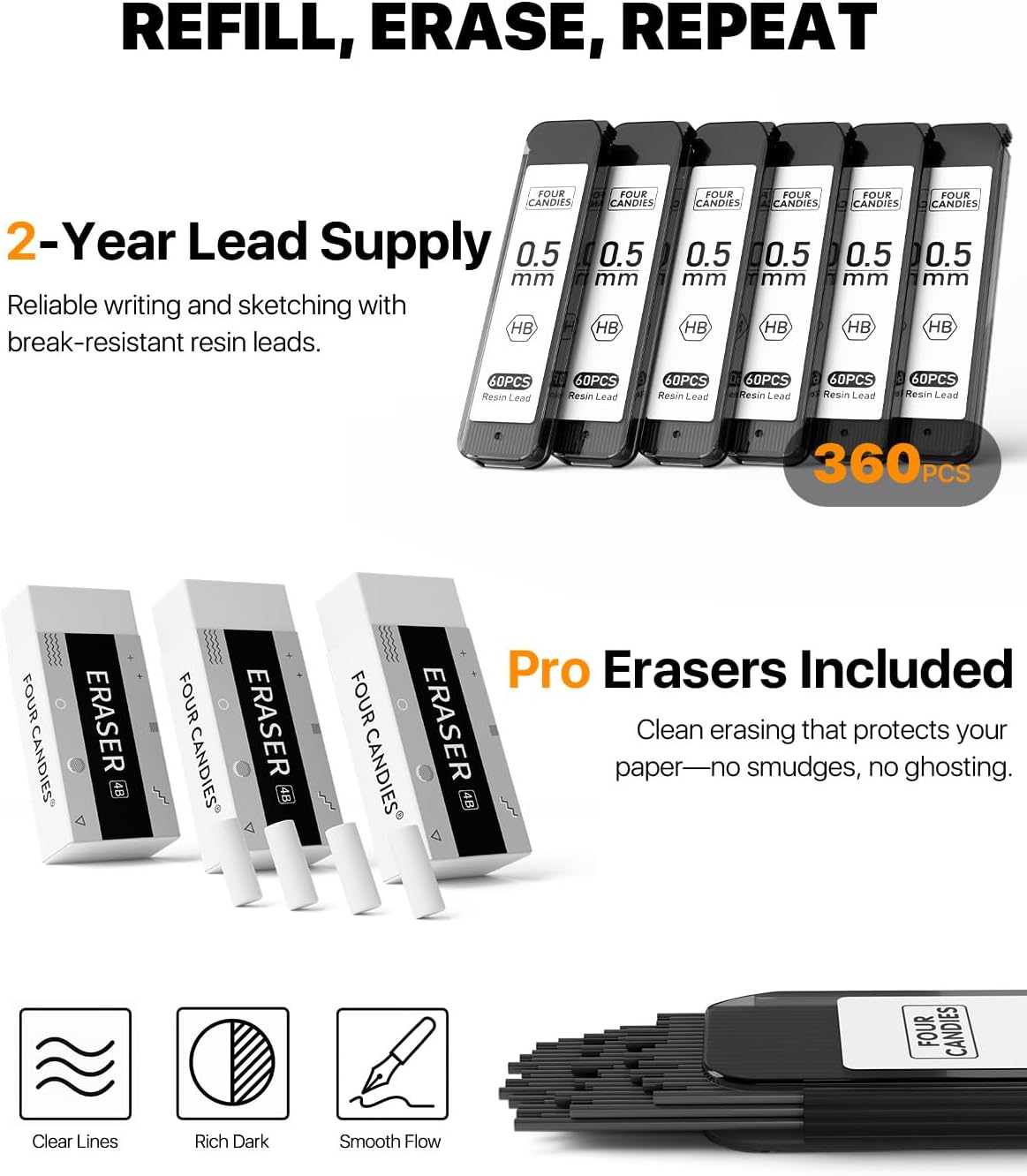 Four Candies Metal Mechanical Pencil Set - 6PCS 0.5mm Art Mechanical Pencils & 360PCS HB Lead Refills & 3PCS Erasers & 9PCS Eraser Refills, Drawing Mechanical Pencils for Writing, Sketching-With Case