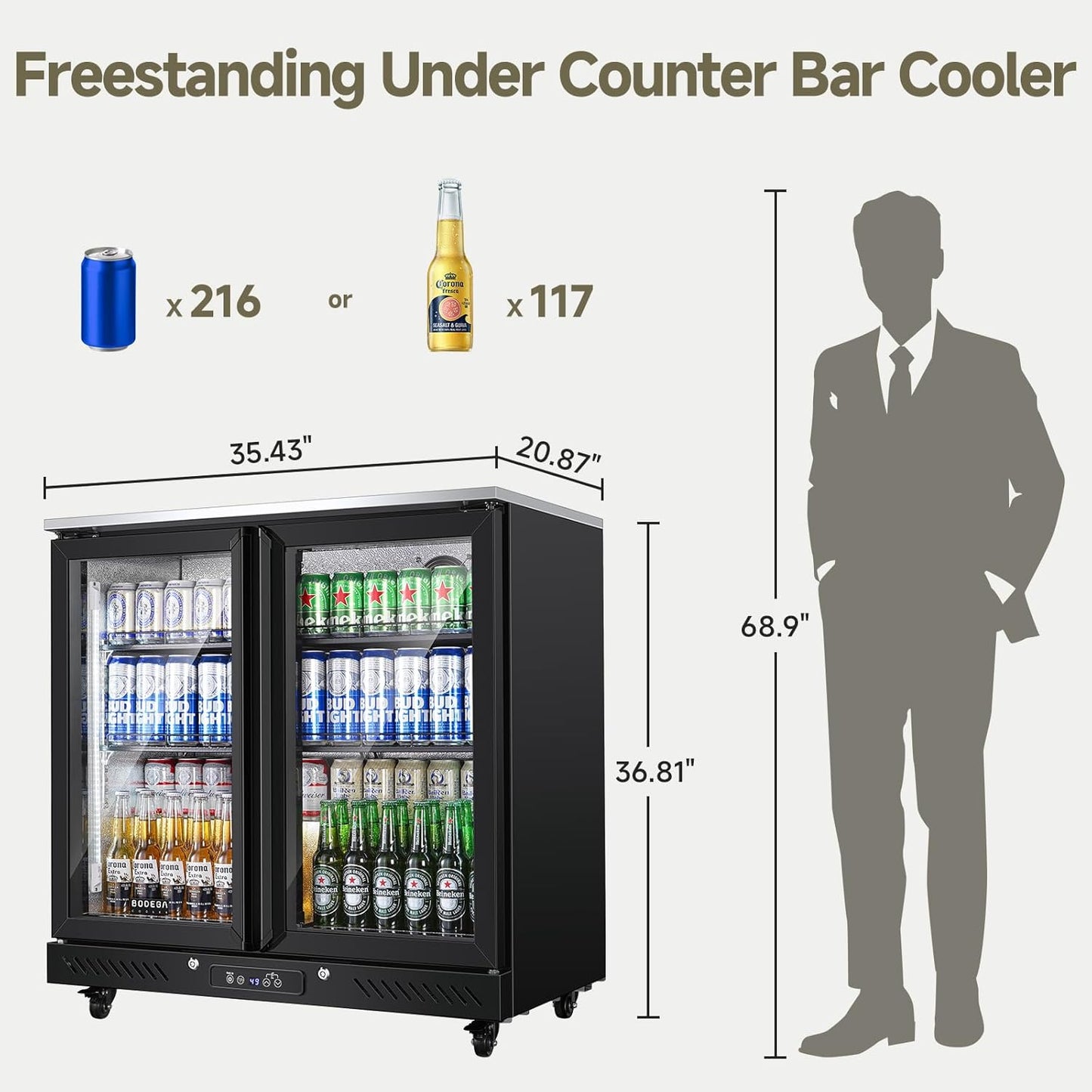 BODEGACOOLER Back Bar Cooler with 2 Glass Doors,7.7Cu.ft Commercial Bar Beverage Refrigerator Under Counter LED Lighting for Soda Drinks,Beer,Wine with Stainless Steel Top,DOE Approved,4 Casters