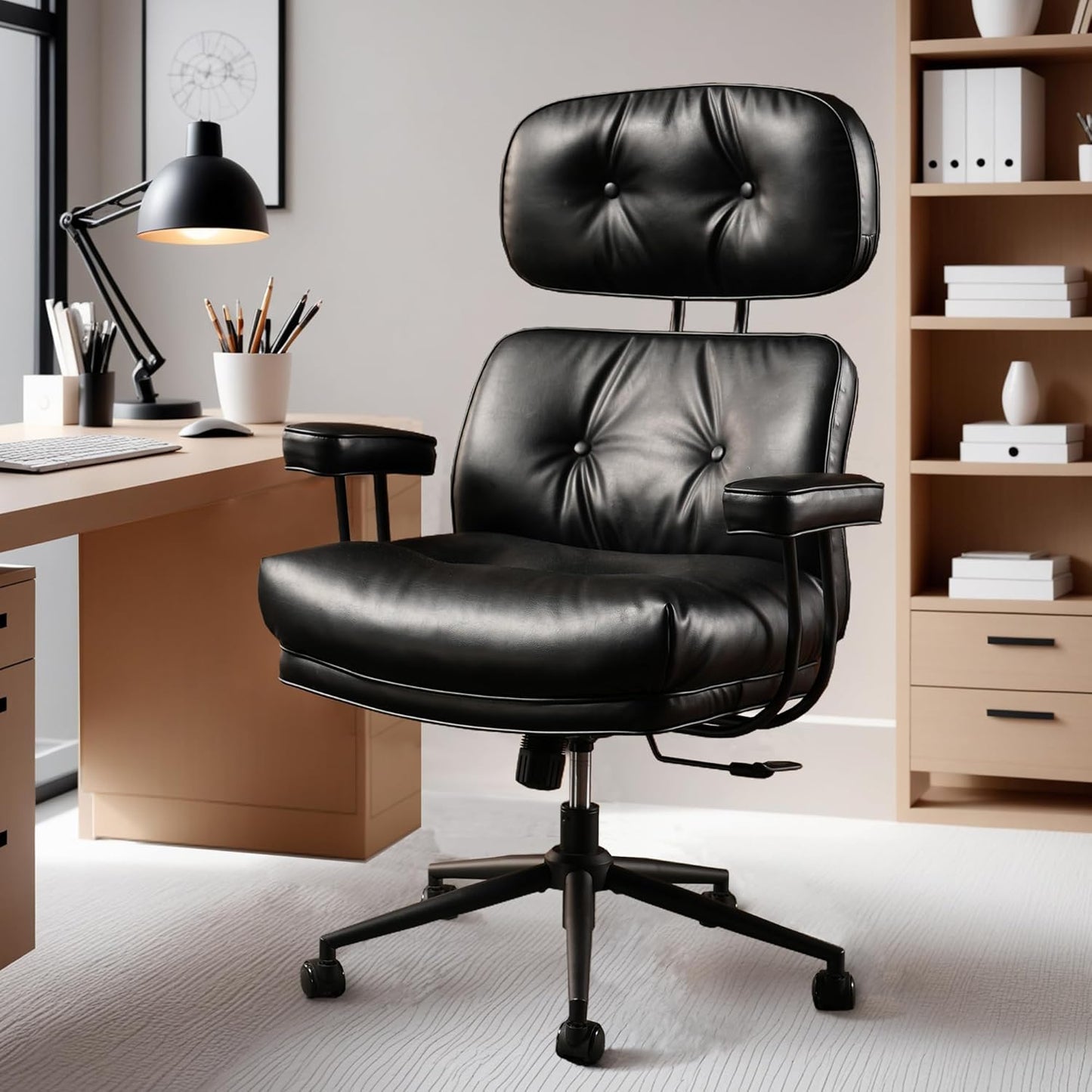 ovios Home Office Chair, Mid-Century Modern Faux PU Leather Chairs with Lumbar Support Comfy Thick Cushion, High Back Ergonomic Swivel Rolling Executive Armchair (Black, PU Leather)