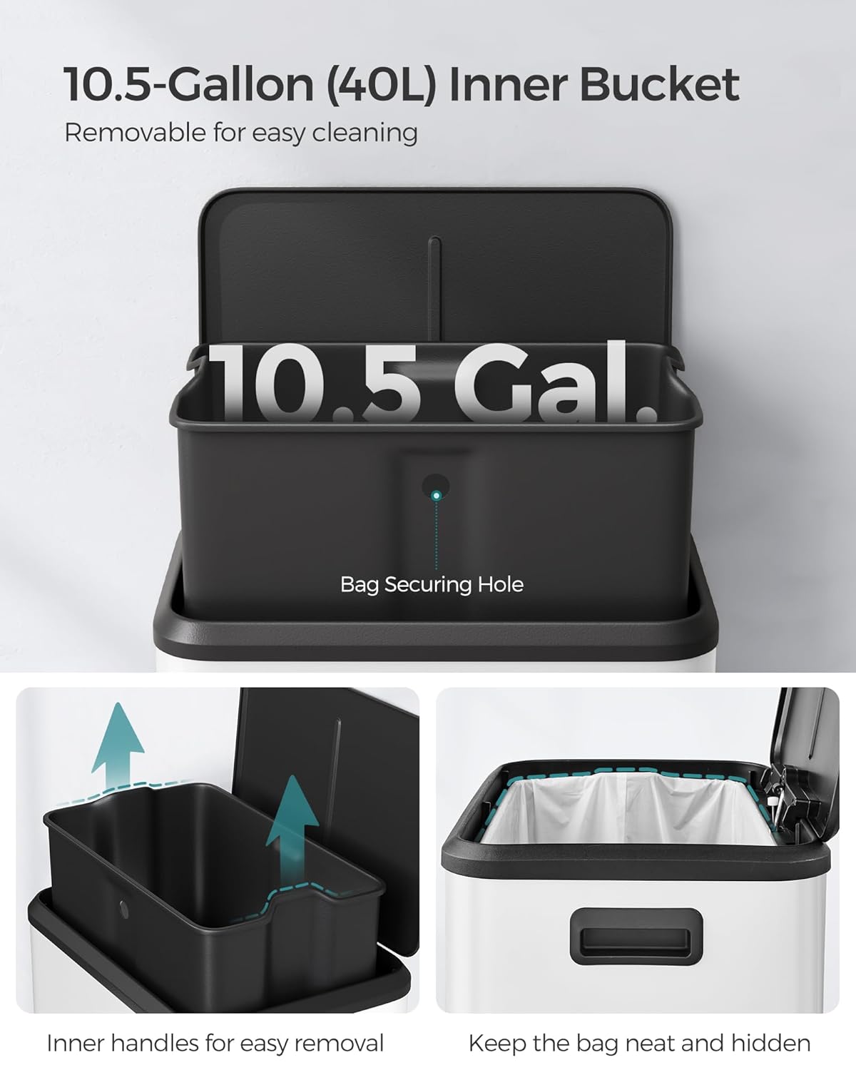 SONGMICS Kitchen Trash Can, 10.5-Gallon (40L) Garbage Can with Lid and Wide Foot Pedal, Soft Close and Stays Open, White ULTB541W40