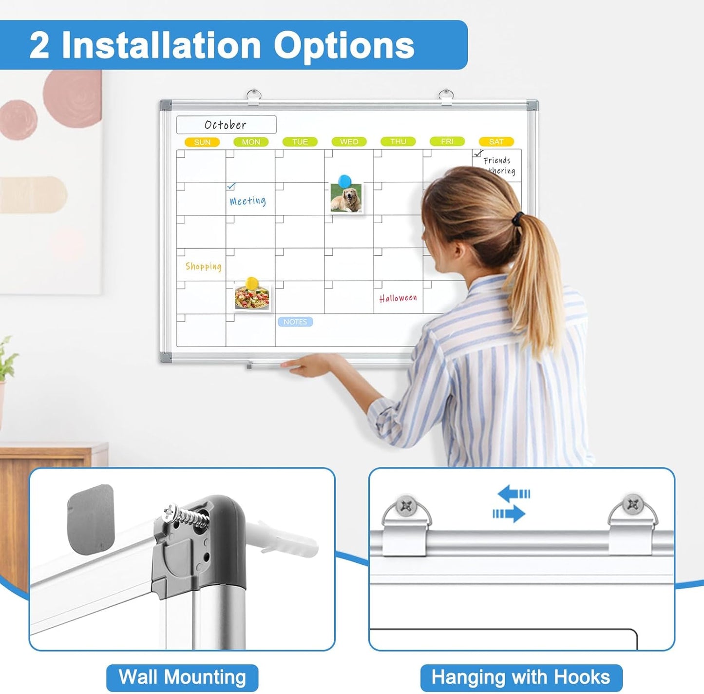 Dry Erase Calendar Whiteboard for Wall, WALGLASS 24" x 18" Magnetic White Board, Monthly Dry Erase Calendar with Silver Aluminum Frame, Double-Sided Hanging Portable Board for Office, Home, School