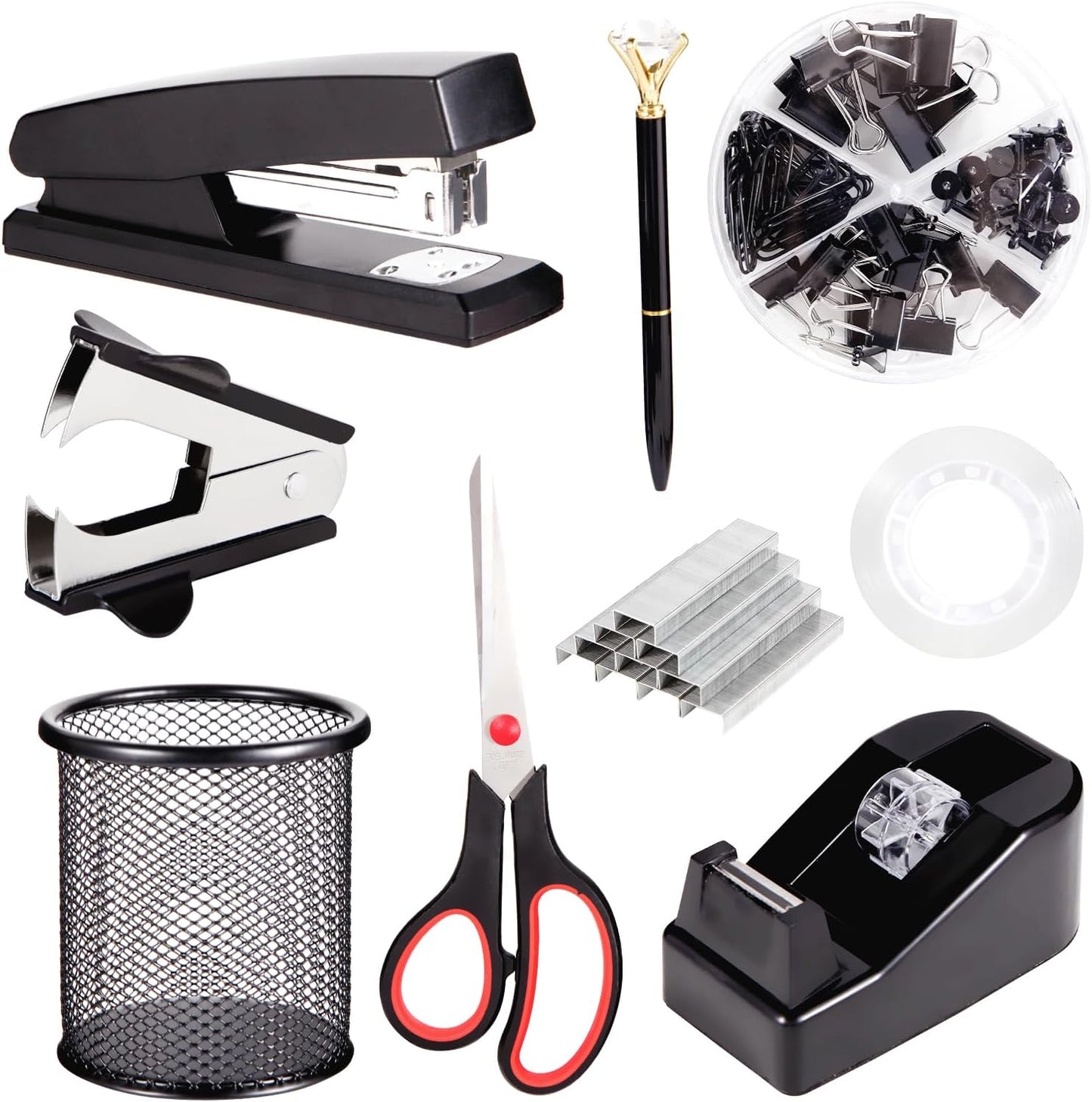 Black Desk Accessories, Office Supplies Set with Stapler, Tape Dispenser, Staple Remover, Pen Holder, Scissor, Binder/Paper Clips, Ballpoint Pen, Clear Tape and 1000pcs Staples