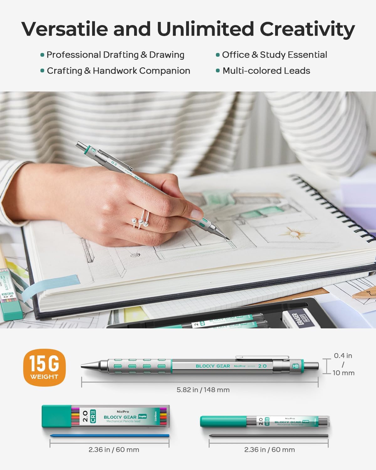 Nicpro 2mm Mechanical Pencils in Case, 3 Pack Blocky Gear Metal Drafting Lead Holder with 13 Tubes 2mm Lead Refills (HB 2B 2H 4B 4H 6B & Colors), Erasers for Carpenter Writing Drawing Woodworking