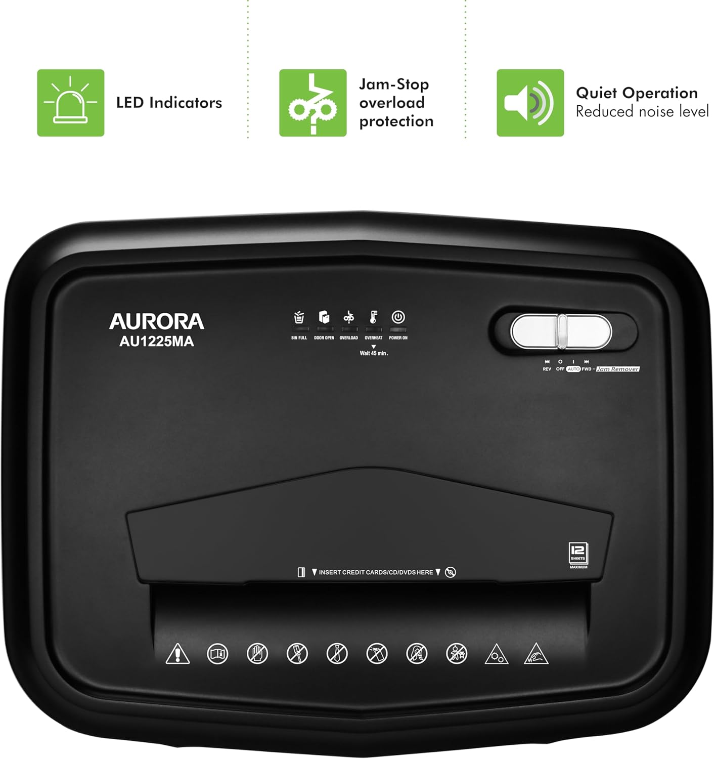 Aurora AU1225MA High-Security 12-Sheet Micro-Cut Paper and CD/Credit Card Shredder/ 5-Gallon Pullout Basket/40 Minutes Run Time