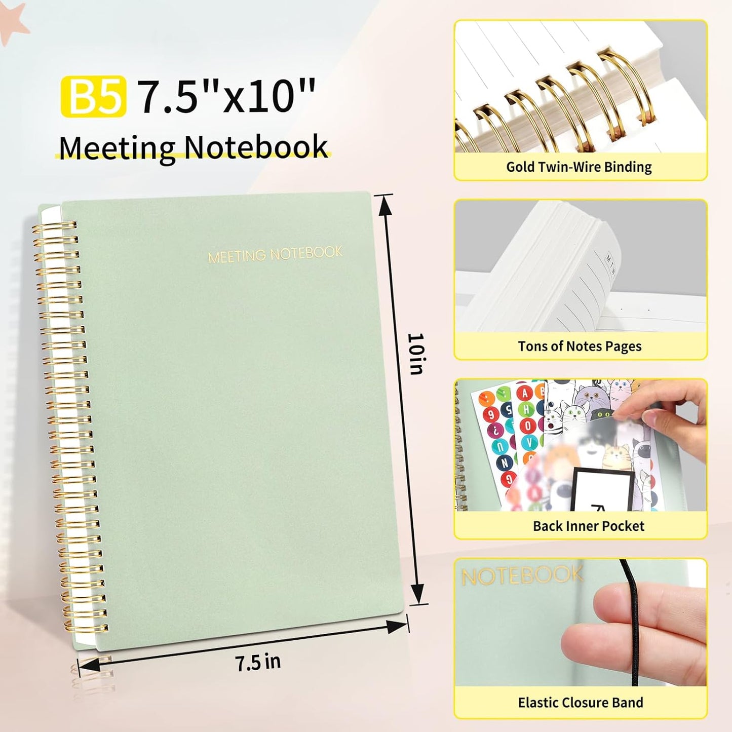 SUNEE Meeting Notebook for Work with Sticky Tabs - 160 Pages, B5 Size Project Planner, Spiral Meeting Agenda/Minutes Notebook Organizer for Women Men, Note Taking, Office & Business,7"x10", Sage Green