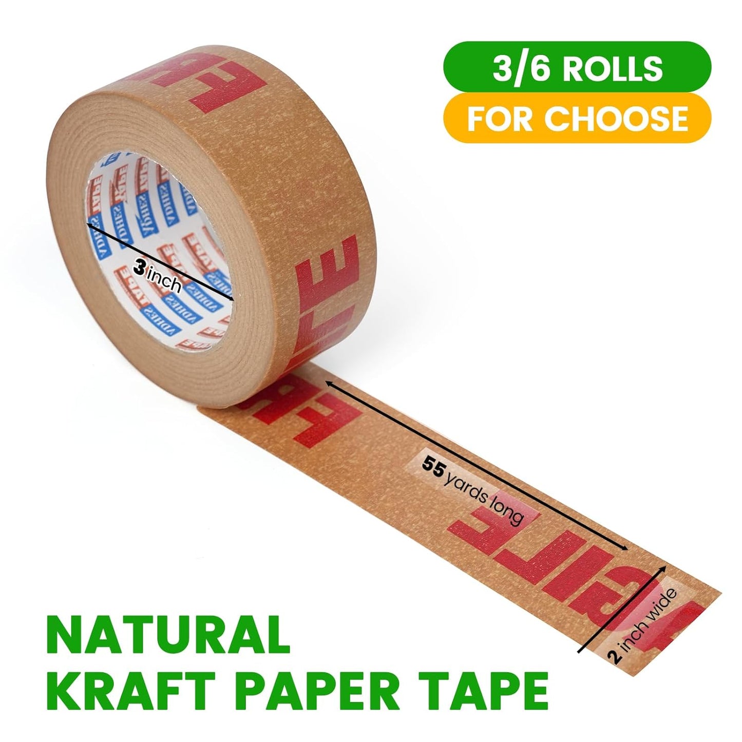ADHES Fragile Tape, Biodegradable Kraft Paper Tape - 2in x 55yds, 6 Rolls, Strong Adhesive, Eco-Friendly Paper Packing Tape for Shipping & Moving, Heavy Duty Protection for Fragile Items