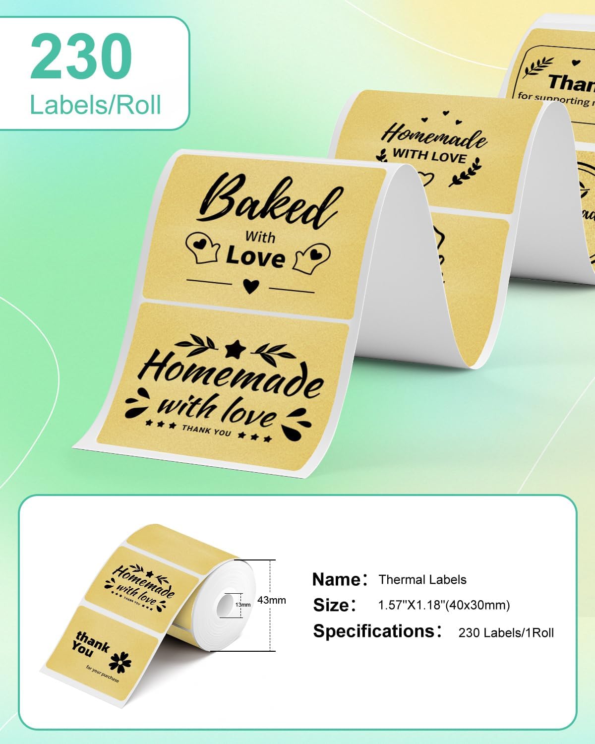 Square Thermal Label Compatible with M100/M110/M120/M260/M220/M150, 1.57'' x 1.18'' (40 x 30 mm), Sticker Thermal Labels for Logo/Thank You Label/Small Business/,230Pcs/Roll