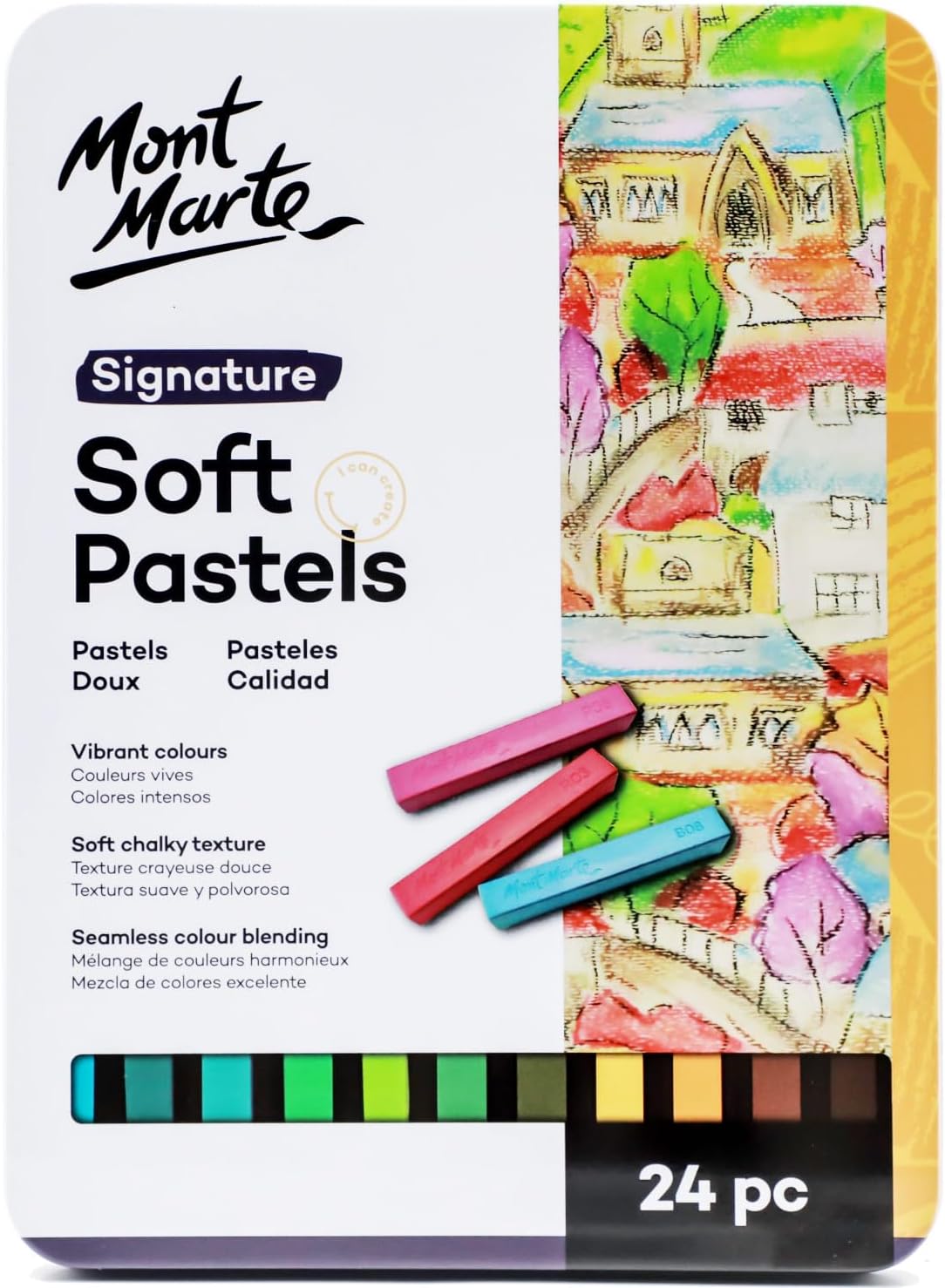 Mont Marte Soft Pastels in Tin Box Signature 24pc, 24 Assorted Colors, Vibrant Pastel Sticks, Great Blending, Comes in Storage Case, Ideal for Art, Craft, Coloring and Sketching