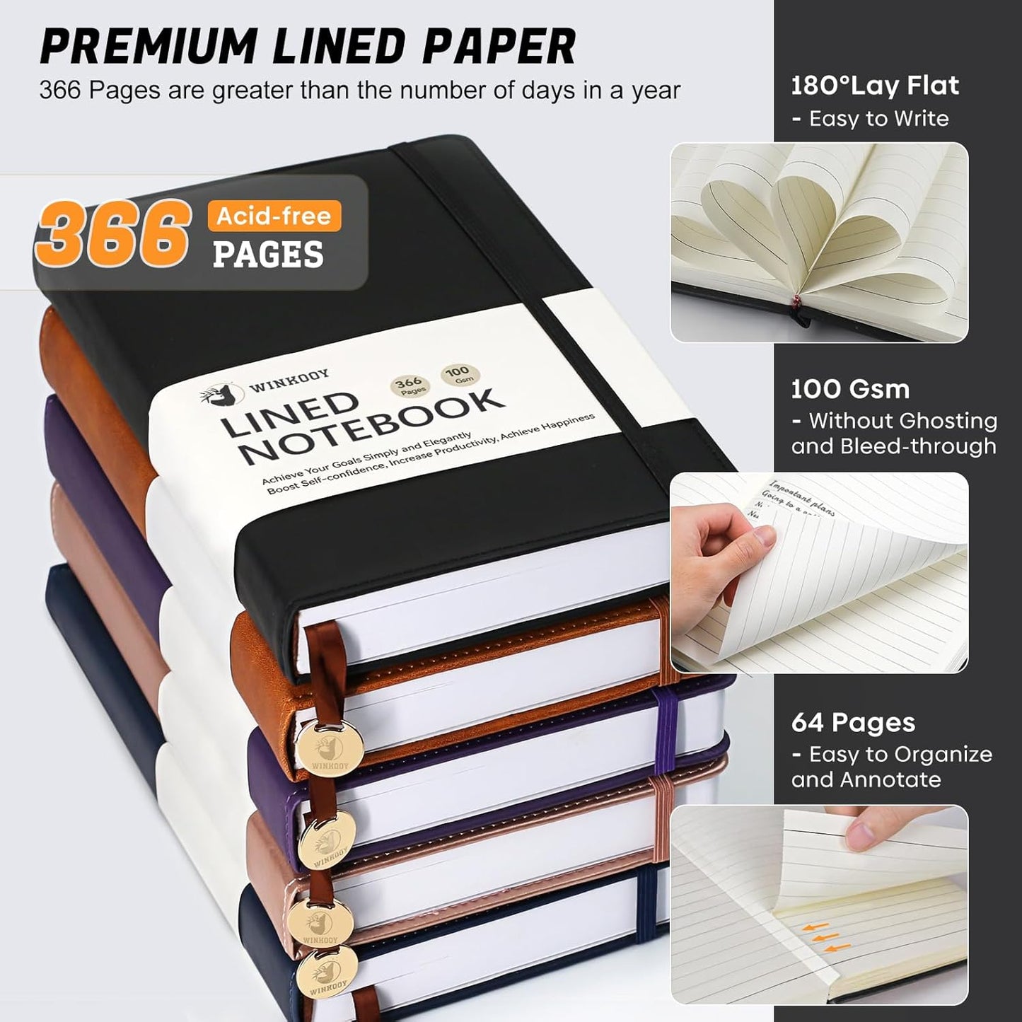 Lined Journal Notebook, 366 Pages, 100Gsm Leather Hardcover Journals for Writing Thick A5 College Ruled Classic Notebook with Pen Loop, Daily Journal for Women Men, 5.75'' X 8.38'', Black