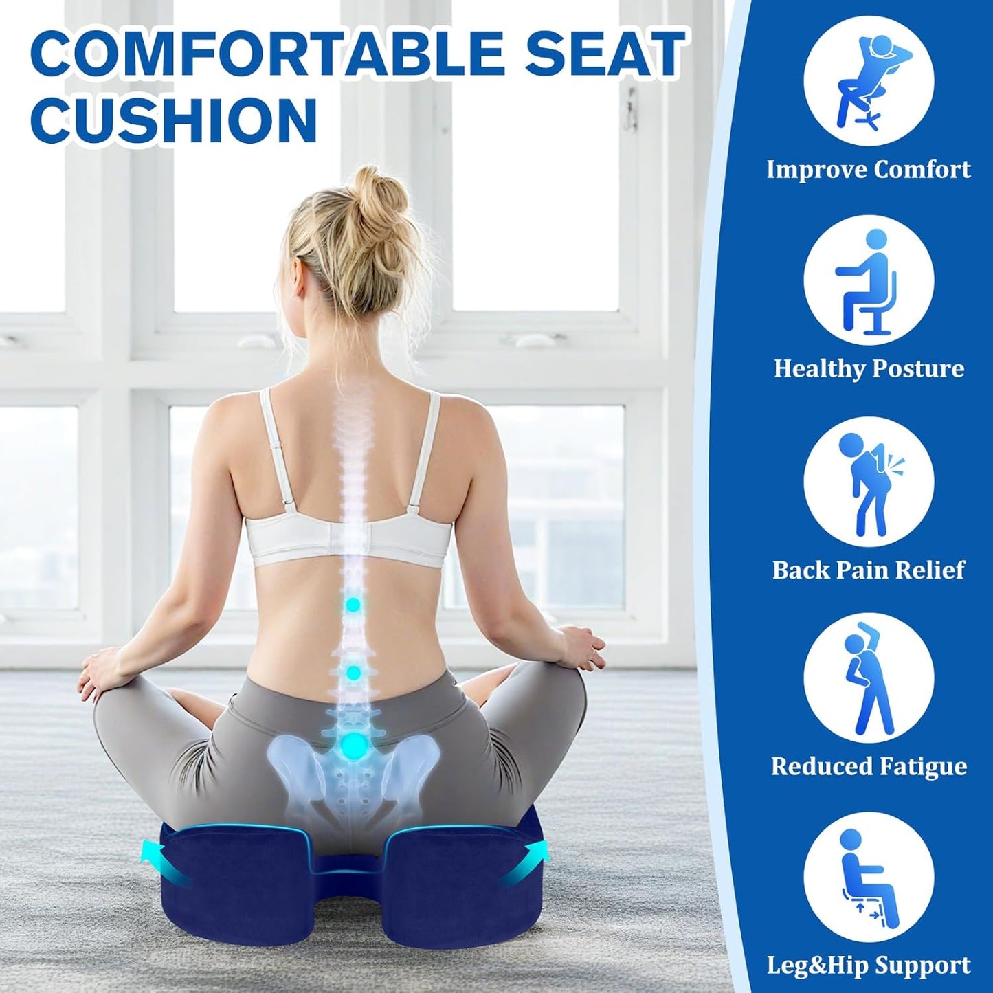 Seat Cushion, Gel Chair Cushions, Office Chair Cushions, Anti-Slip Bottom & Removable Cover Tailbone Pain Relief Cushion, Memory Foam Seat Cushion, 5.28 in Thick (Blue)