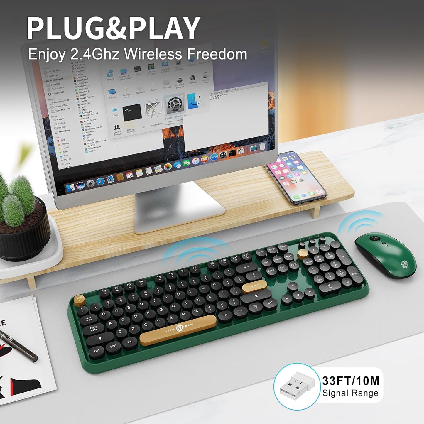 Wireless Keyboard and Mouse Combo, 104 Round Keys Cute Colorful Keyboard and Mouse with Retro Typewriter for PC/Mac/Laptop/Tablet/Computer/Windows Green