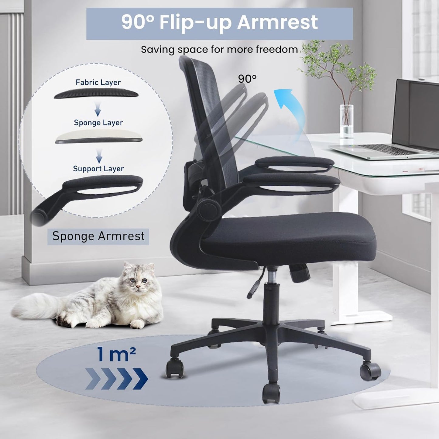 Desk Chairs with Wheels, Ergonomic Mesh Office Chair Adjustable Height and Swivel Lumbar Support Home Office Chair with Flip Up Armrests, Set of 2