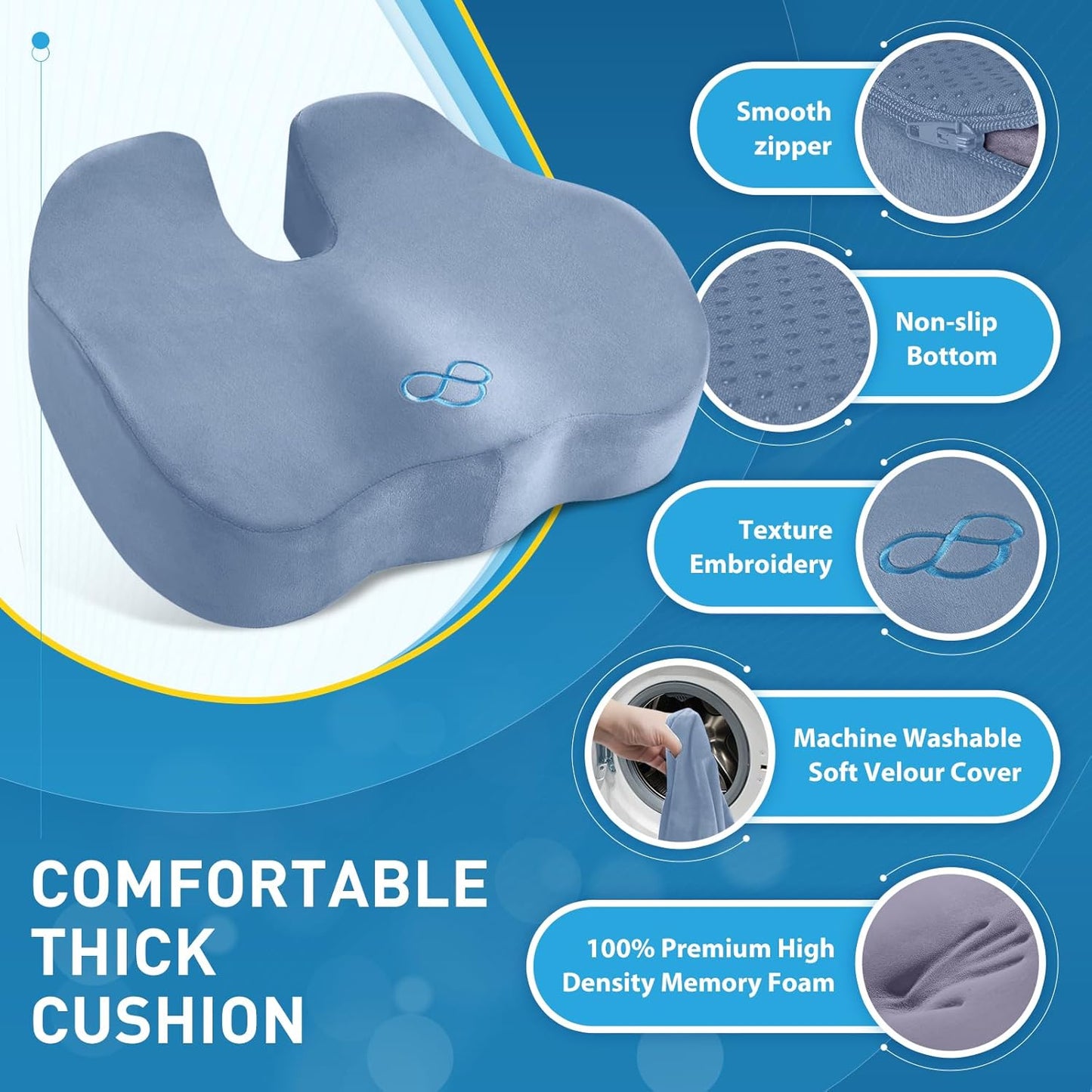 BlissTrends Seat Cushion,Thick Memory Foam Cushions for Office Chair, Car Seat, Airplane, Relieving Pressure Tailbone Sciatica Back Pain for Office Workers, Car Drivers 4.7in Thick LightBlue