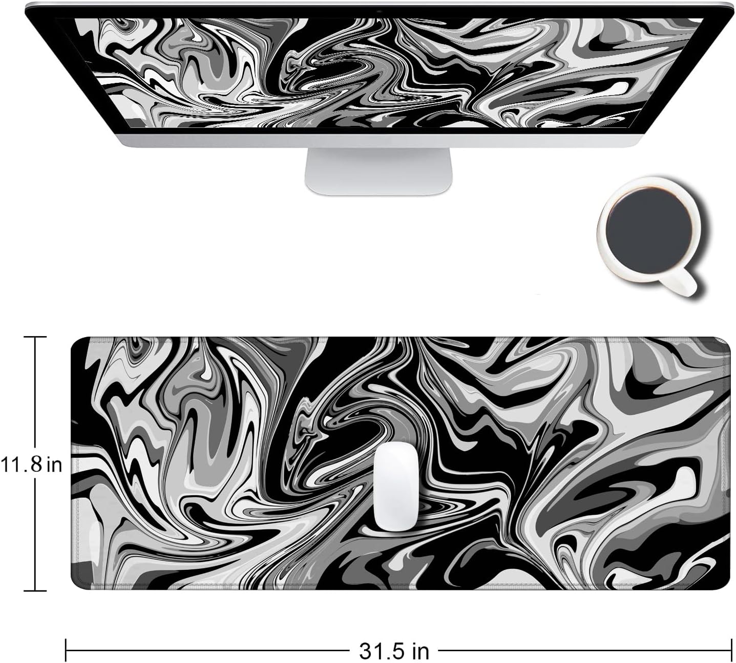 Large Gaming Mouse Pad, Extended XL Mousepad, Non-Slip Rubber Base Keyboard Mouse Mat Desk Pad for Work, Game, Office, Home, 31.5 x 11.8 in, Black Marble Fluid Design