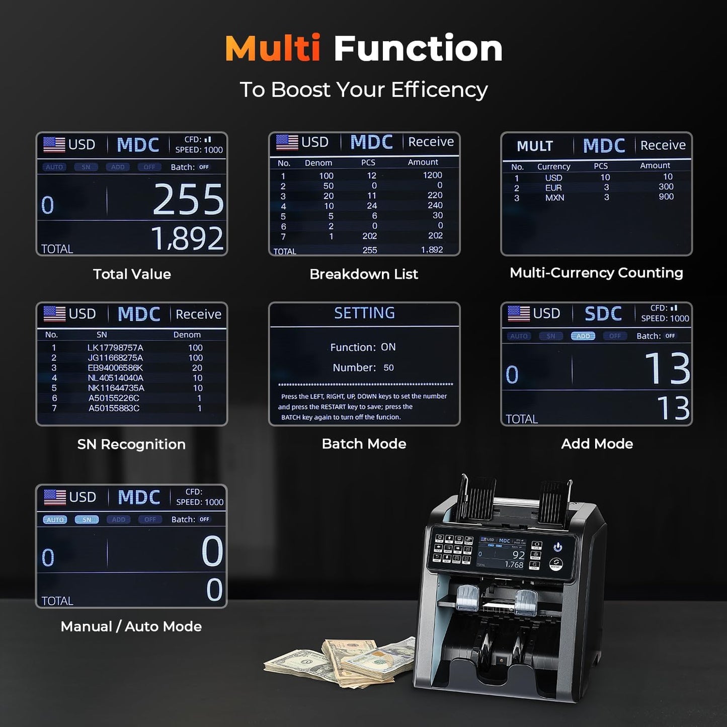 MUNBYN IMC08 Dual Money Counter Machine Mixed Denomination with Reject Pocket, Value Counting, Counterfeit Detection 2 CIS/UV/MG/IR, Sort&Print Enabled Cash Counter, Mixed Bill Counter (Black)