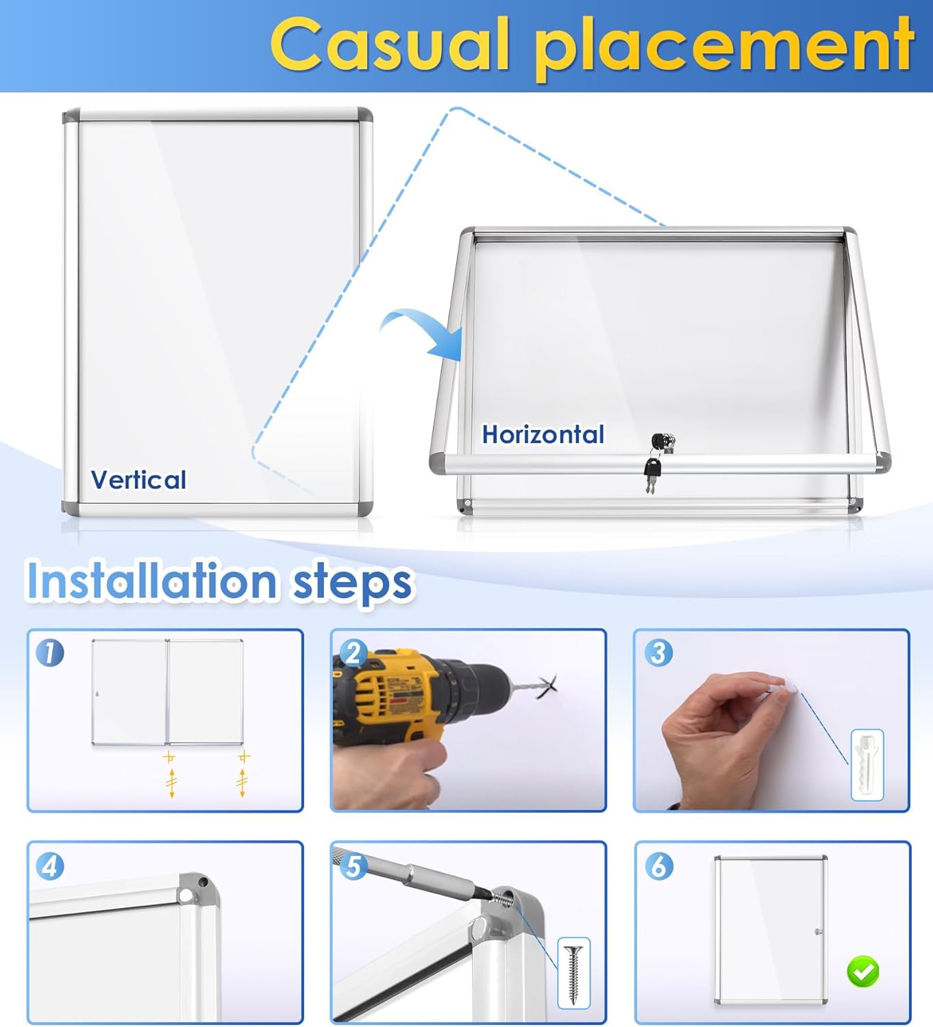 SWANCROWN Enclosed Bulletin Board Magnetic Dry Erase Noticeboard Lockable Display Boards White with Aluminium Frame 26x20inch(4xA4)
