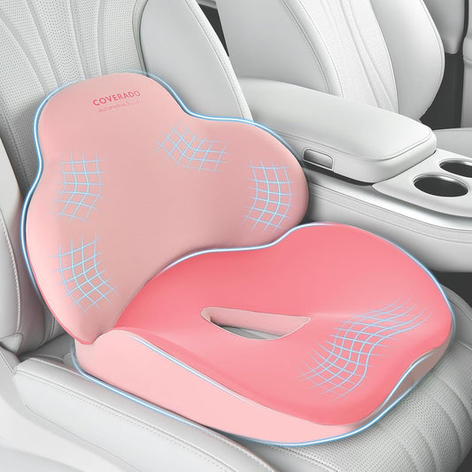 Coverado Seat Cushion and Lumbar Support Pillow for Car Office Chair, Ergonomic Memory Foam Desk Chair Cushion Back Support Pillow, Sciatica & Back & Tailbone Pain Relief Cushion-Pink