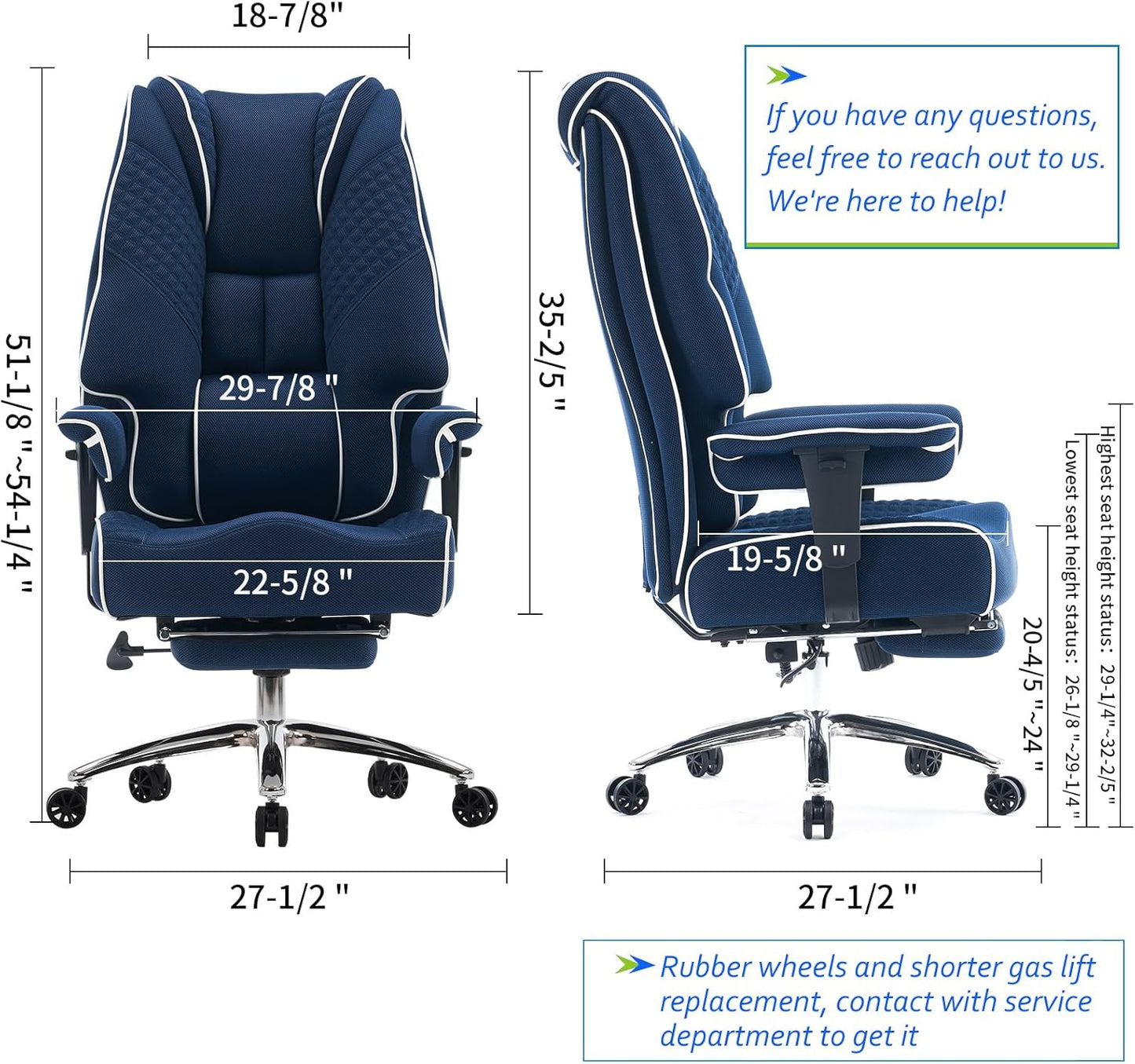 Big and Tall Office Chair 400lbs Wide Seat, Leather High Back Executive Office Chair with Foot Rest, Ergonomic Chairs Lumbar Support for Lower Back Pain Relief (Mesh Dark Blue)