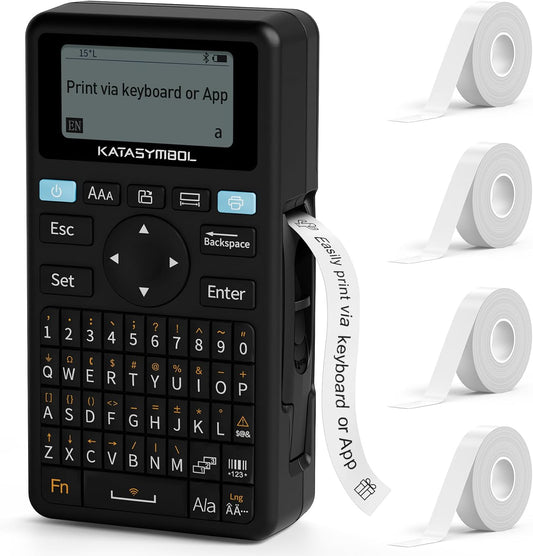 SUPVAN E11 Bluetooth Label Maker Machine with 4 Tapes, Support Keyboard & App with 40 Fonts and 450+ Icons, Rechargeable Inkless Labeler for Home, Kitchen, Office, School Organization, Black