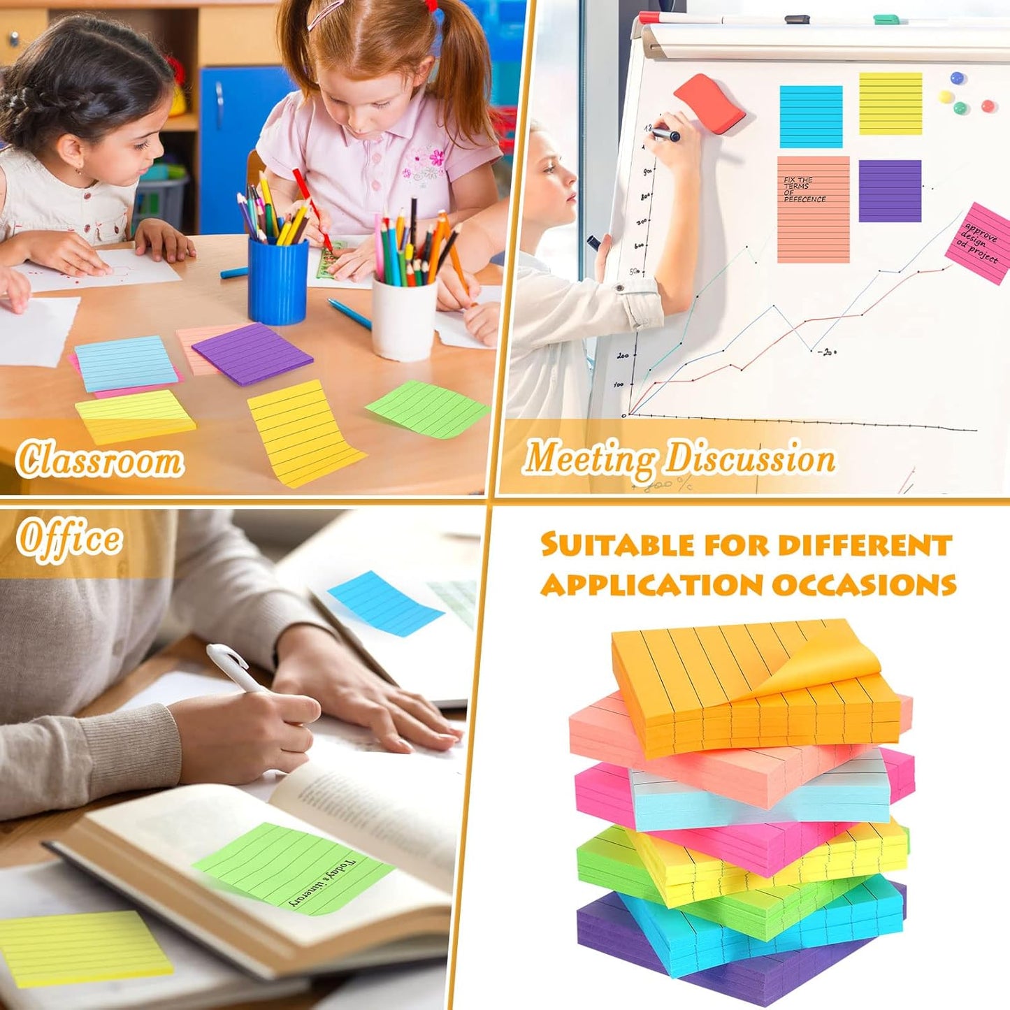 Yexiya 64 Pcs Lined Sticky Notes Self Stick Notes with Lines Bright Assorted Colors Sticky Pad for Home Office Products Post Memos, 1920 Sheets(4 x 6 Inch, 3 x 3 Inch,Vivid Color)